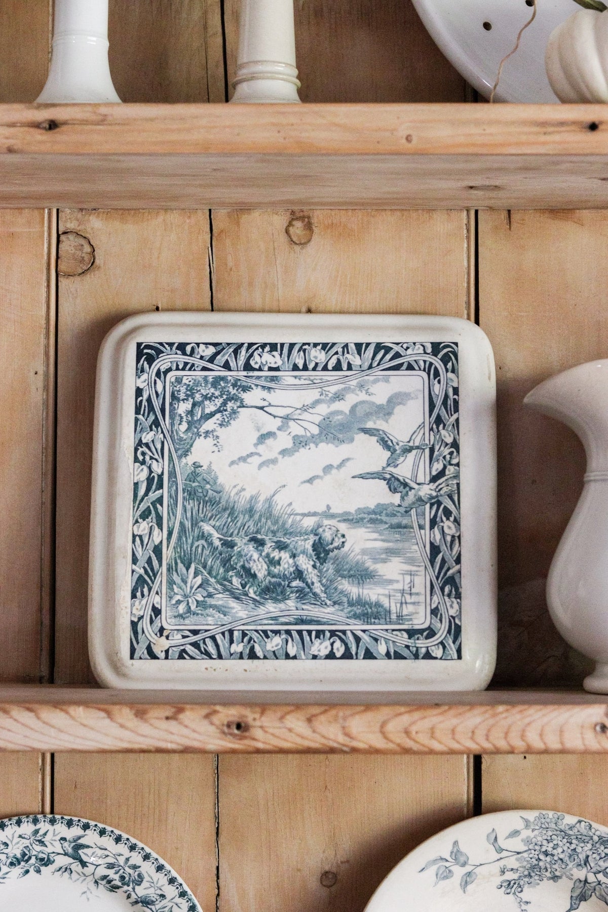 Vintage French Transferware Trivet Tile with Dog and Ducks