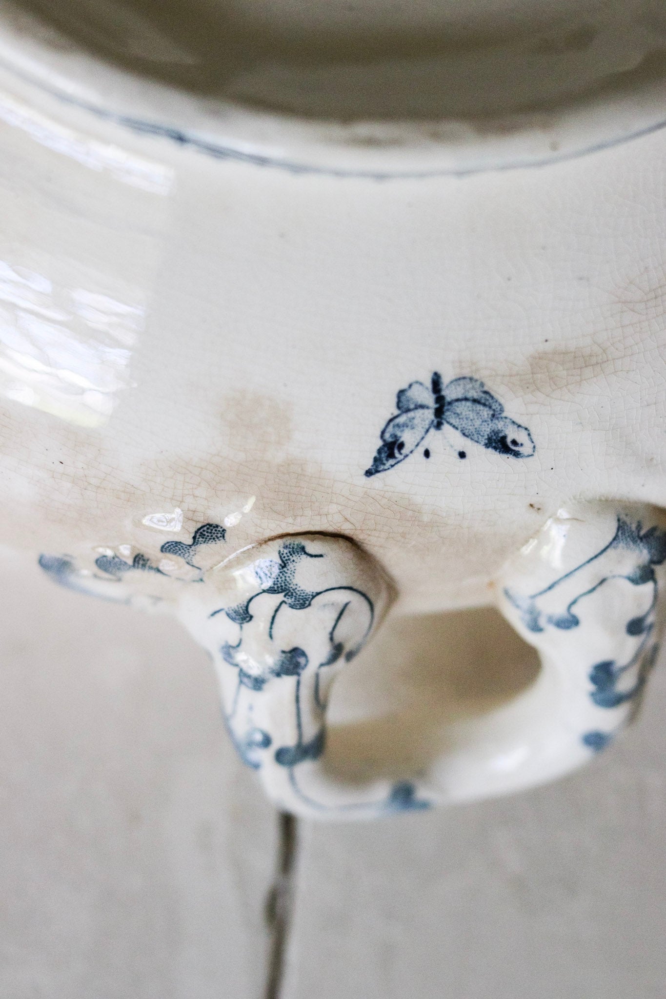 Large Antique French Transferware Tureen with Butterflies and Flowers