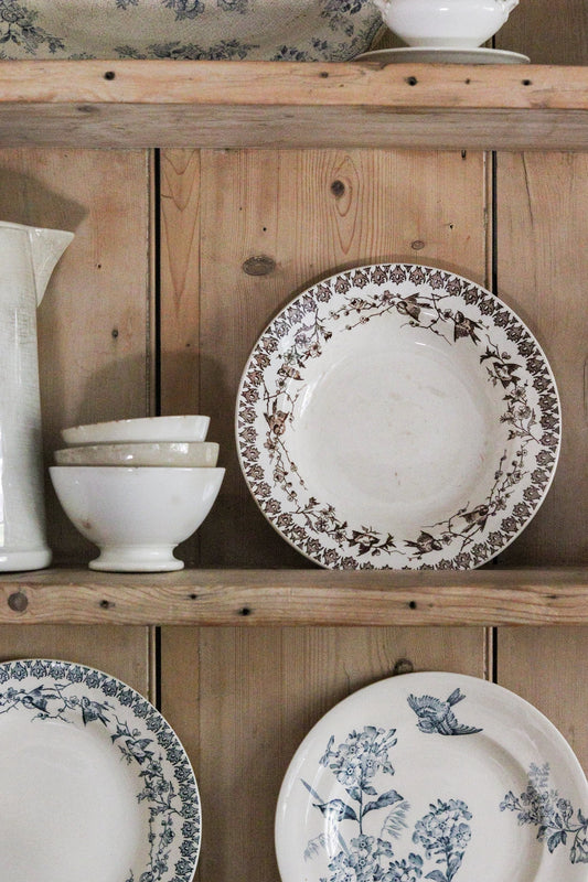 Antique French Transferware Shallow Bowl with Birds
