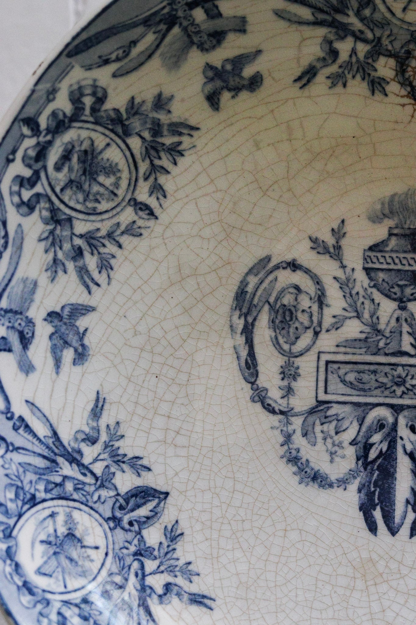 Large Antique French Transferware Pedestal Fruit Bowl with Birds