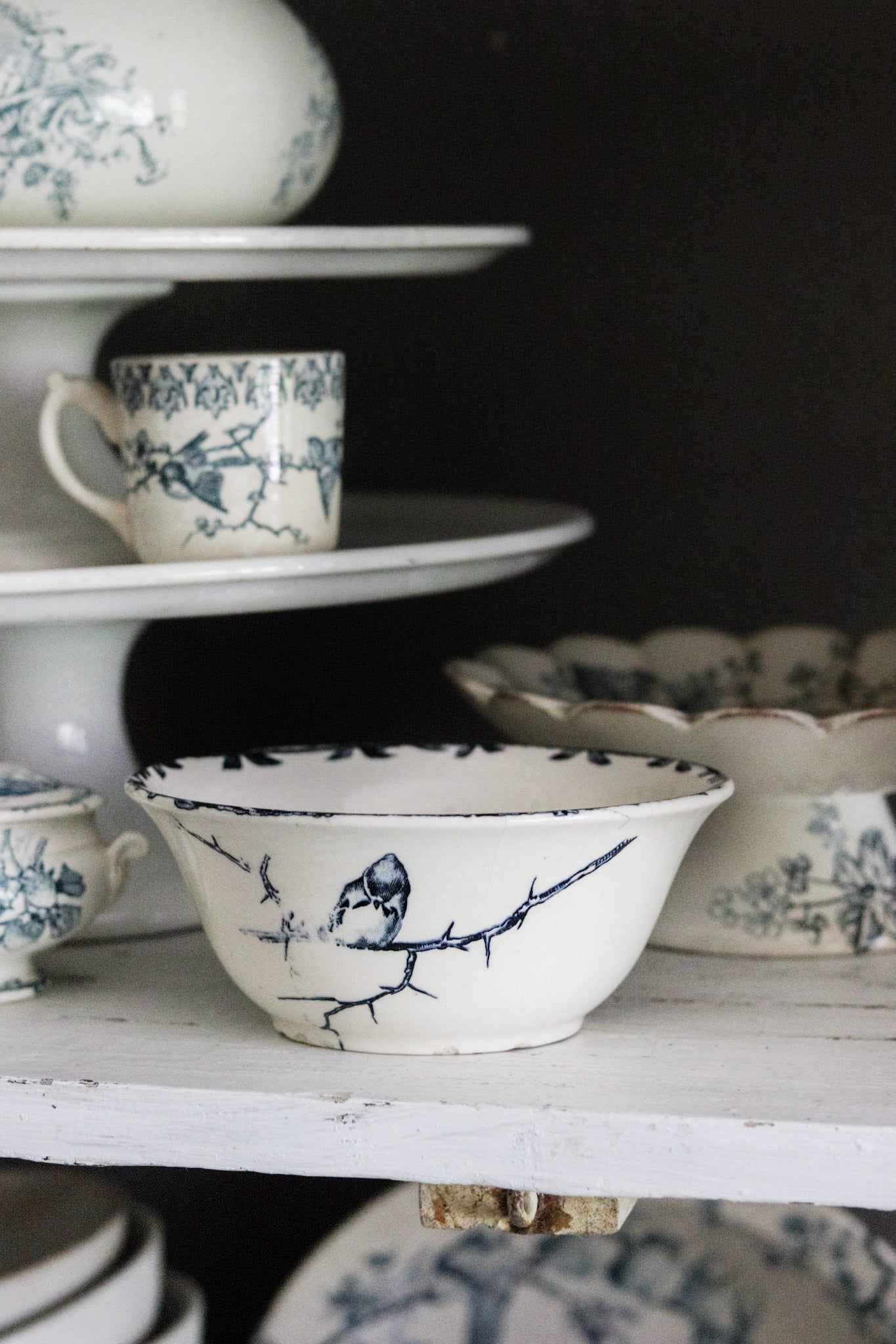 Antique French Transferware Bowl with Birds