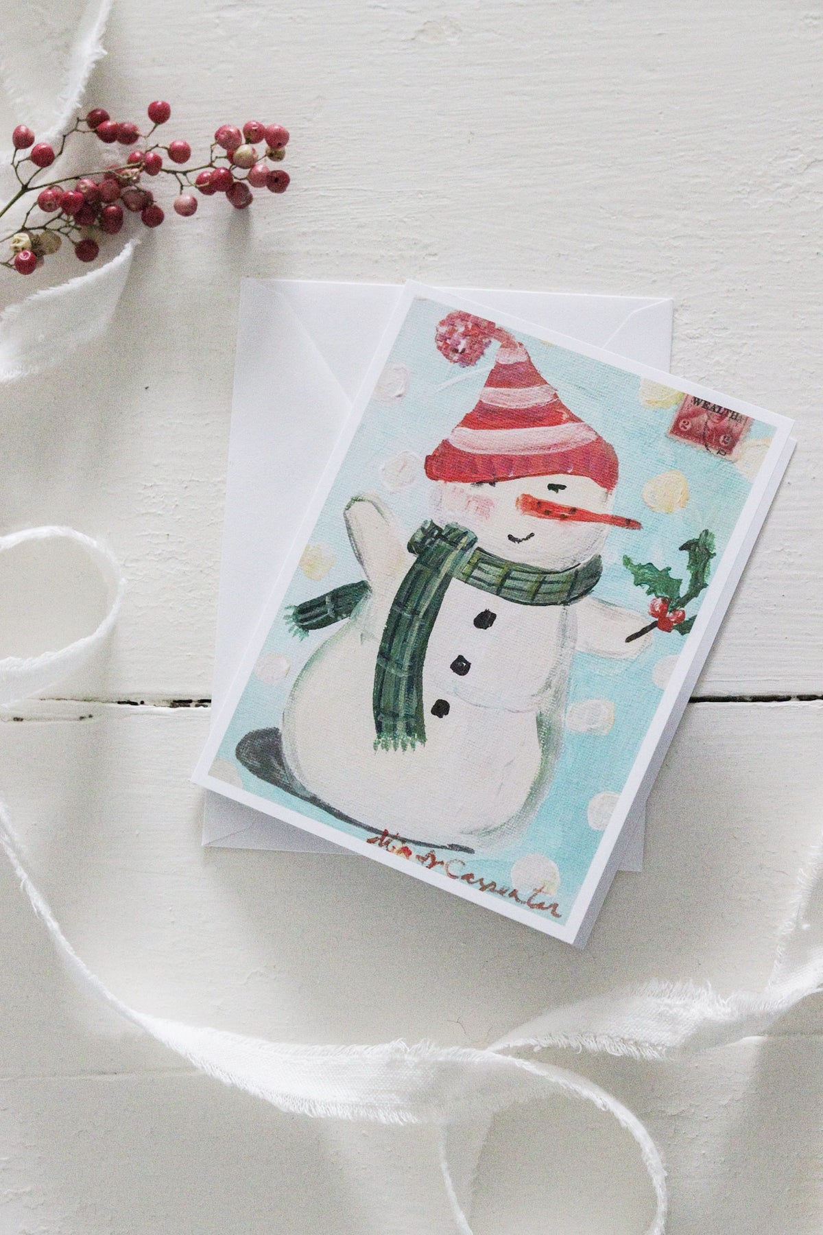 Vintage Snowman with Holly Greeting Card
