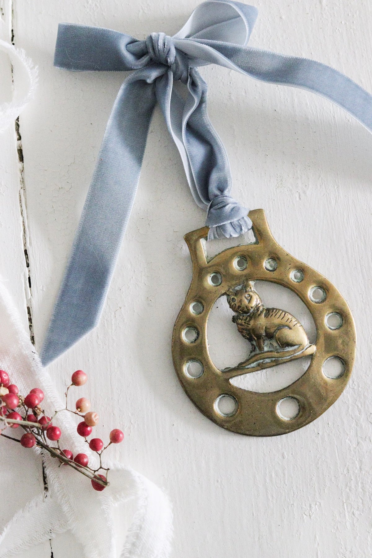 English Horse Brass with Velvet Ribbon - Cat