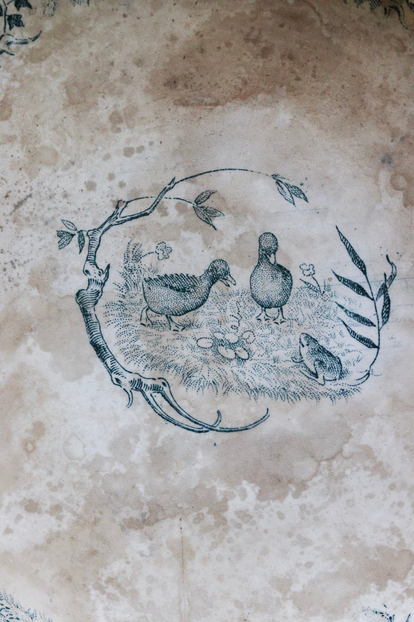 Antique French Transferware Pedestal Fruit Bowl with Ducks, Chickens and a Frog -Please Read Description