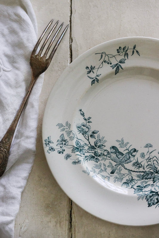 Antique French Transferware Plate with Birds