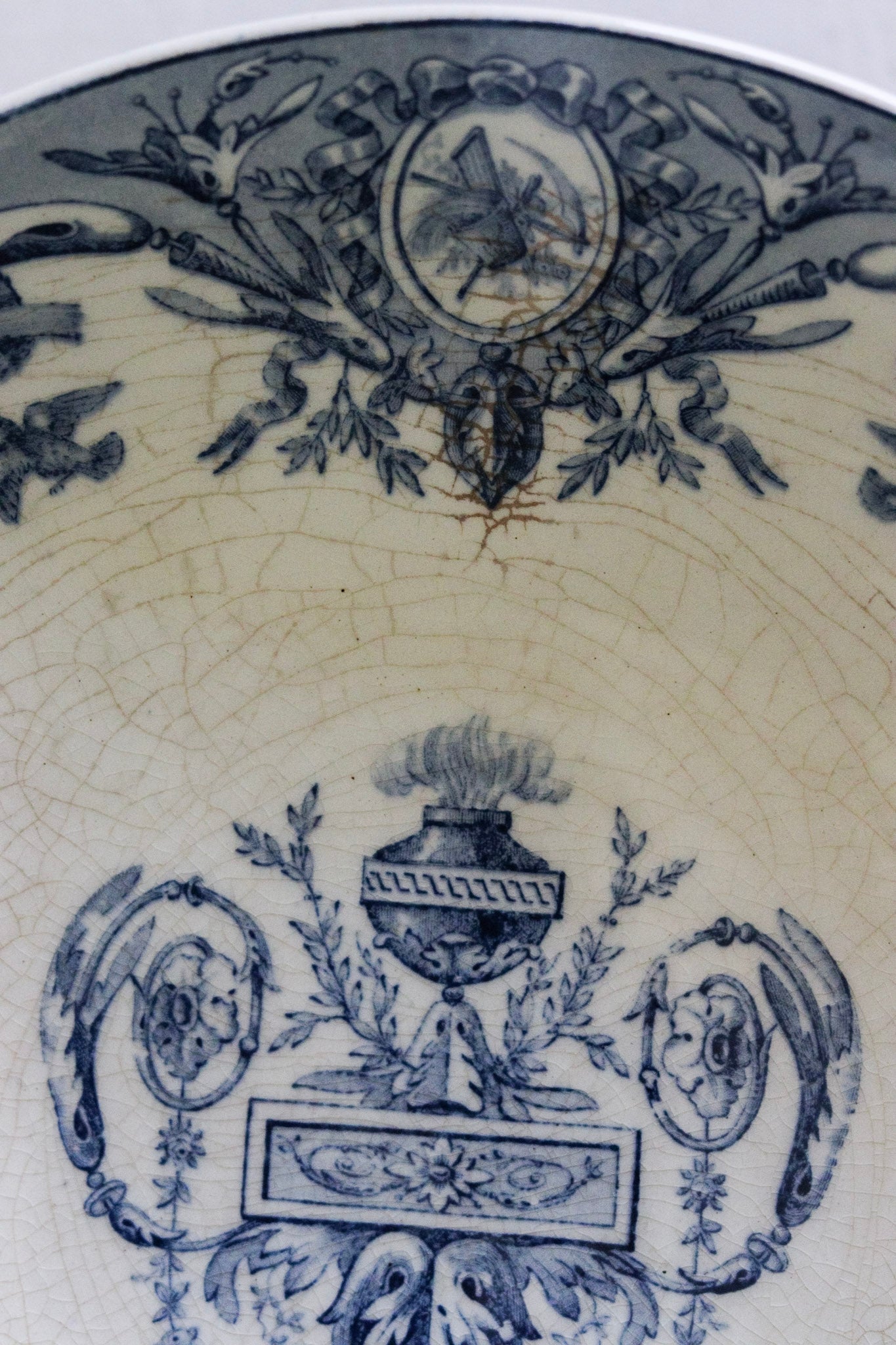 Large Antique French Transferware Pedestal Fruit Bowl with Birds