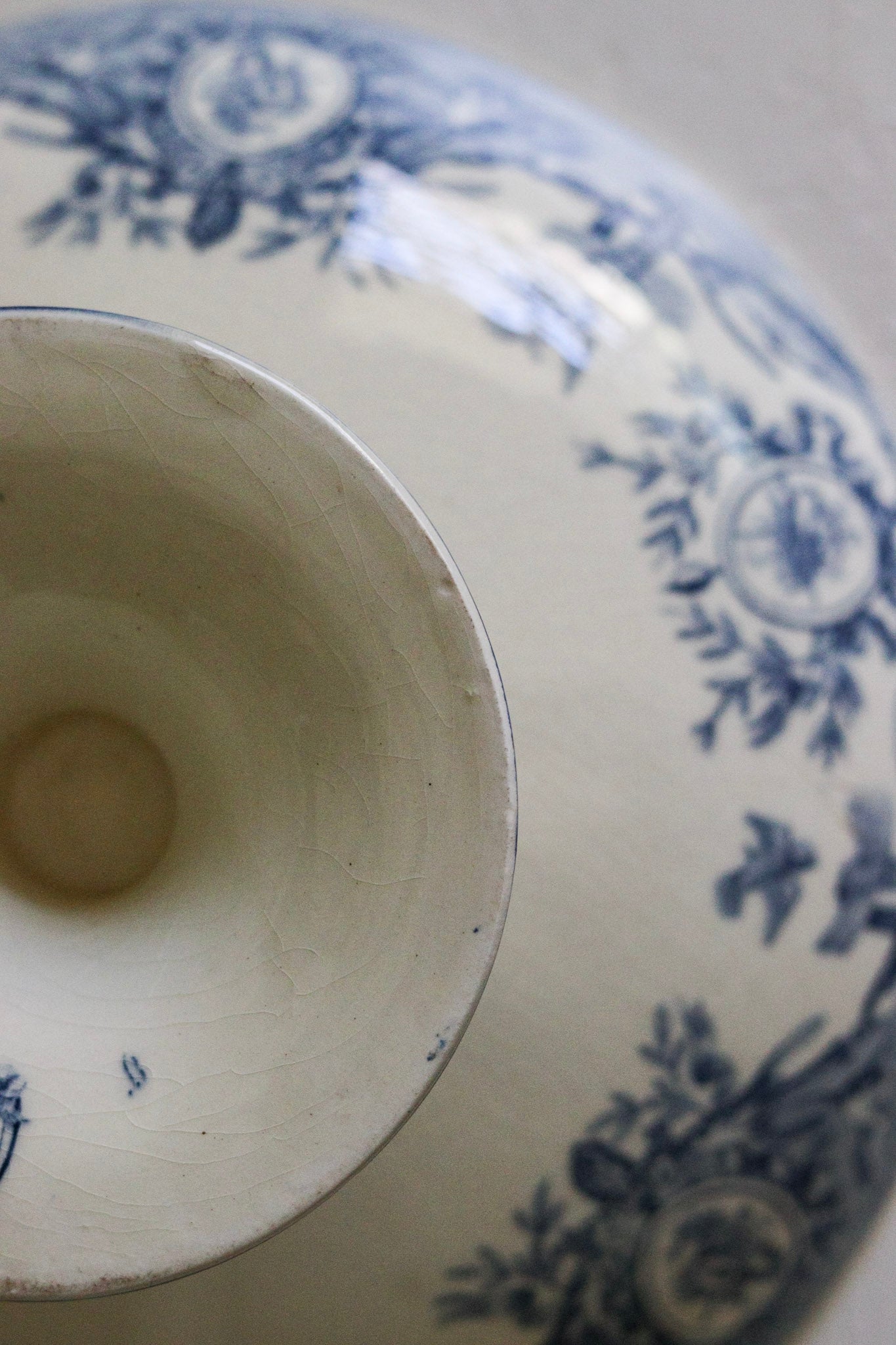 Large Antique French Transferware Pedestal Fruit Bowl with Birds