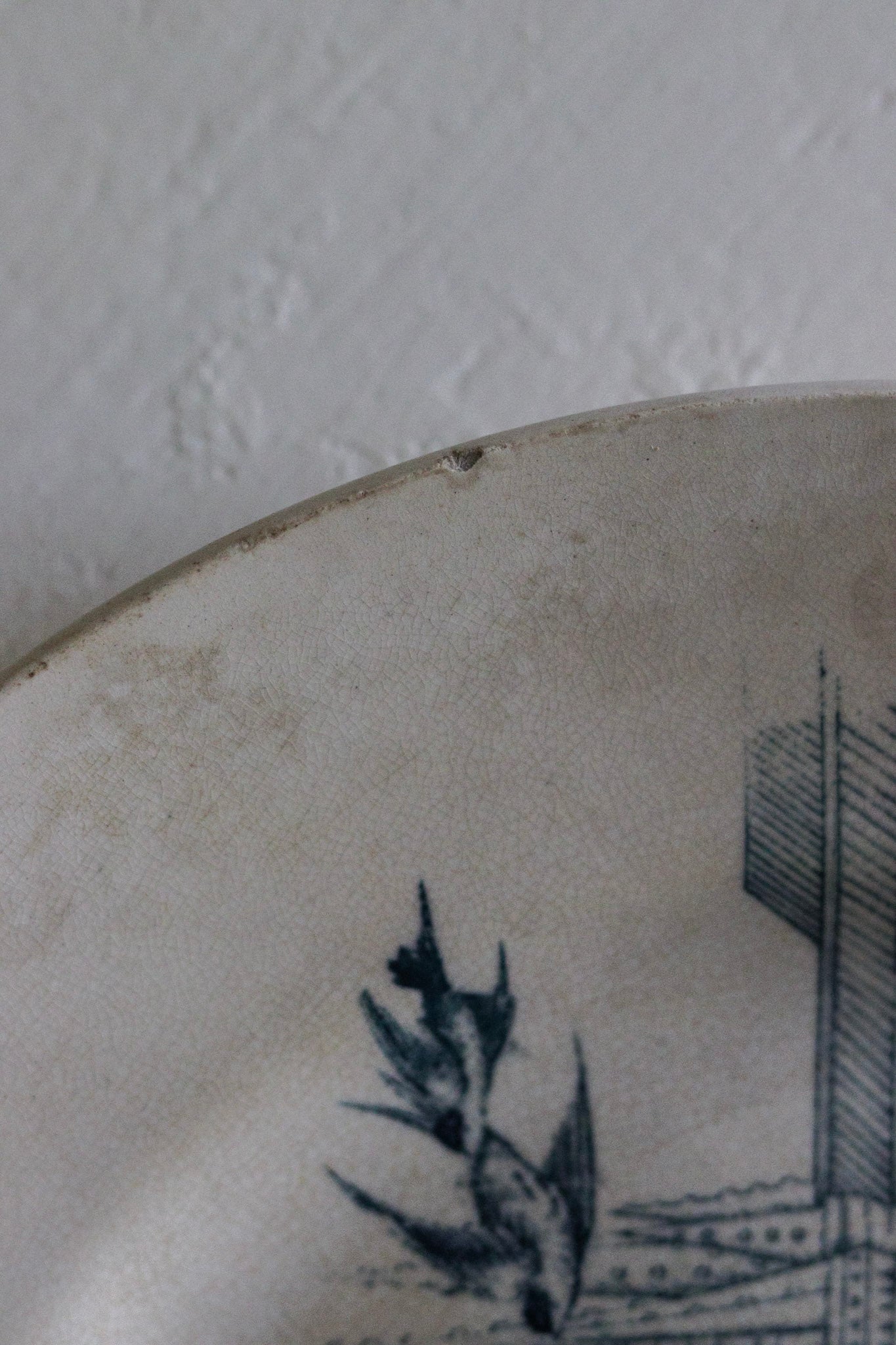 Beautiful Antique French Transferware Plate with Birds and Coastal City Scene