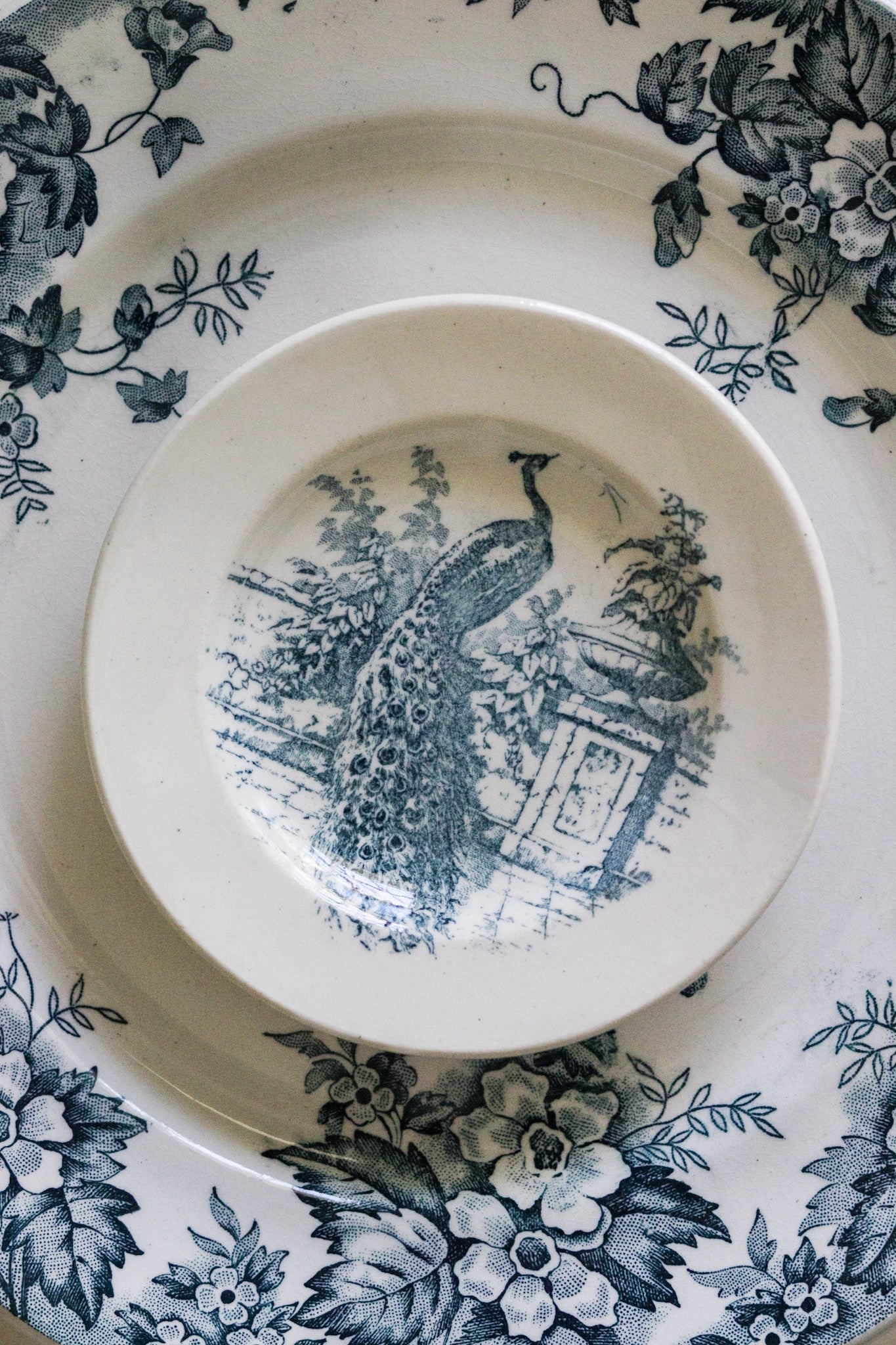Antique French Transferware Child's Dînette Shallow Bowl with Peacock No.2