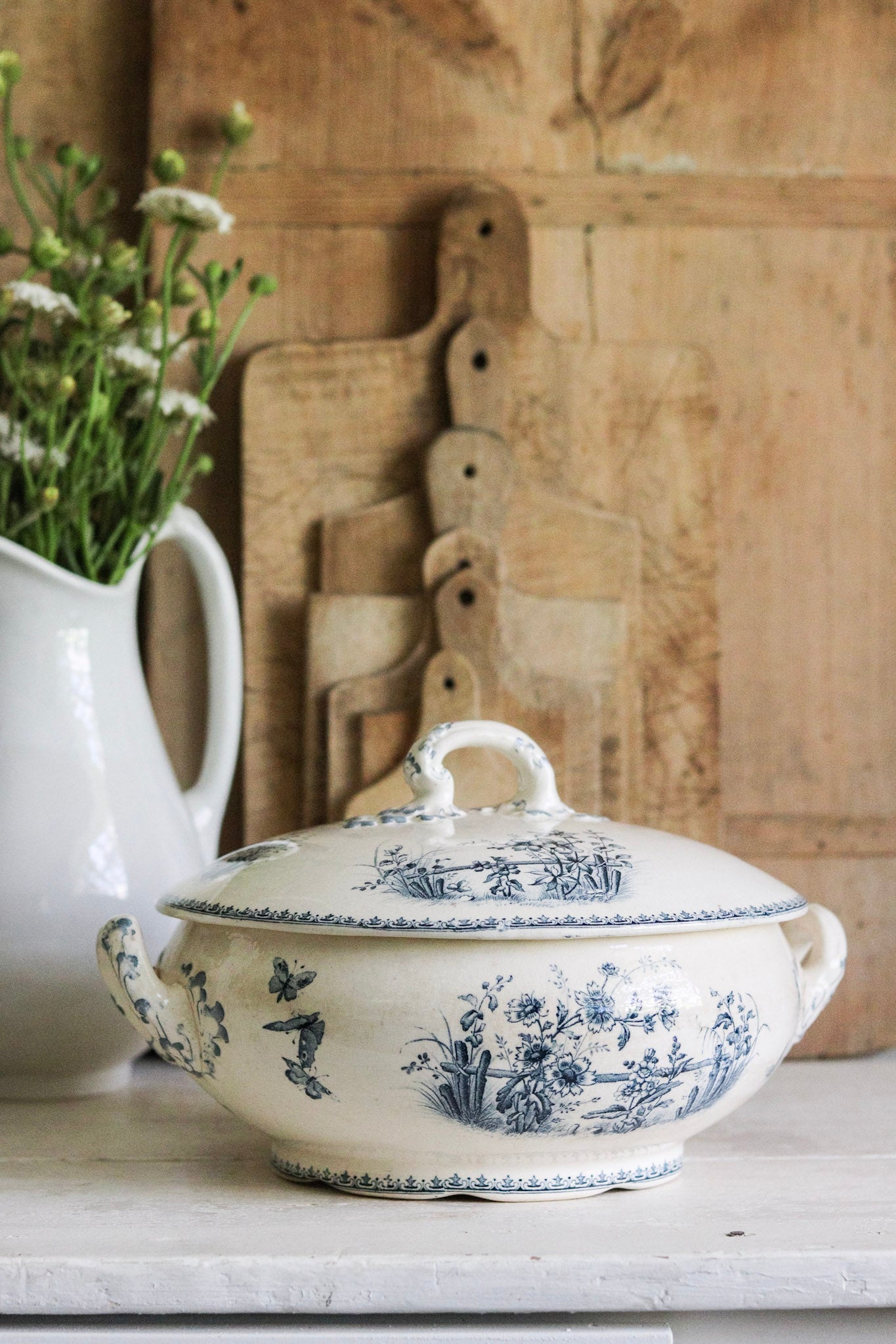 Large Antique French Transferware Tureen with Butterflies and Flowers
