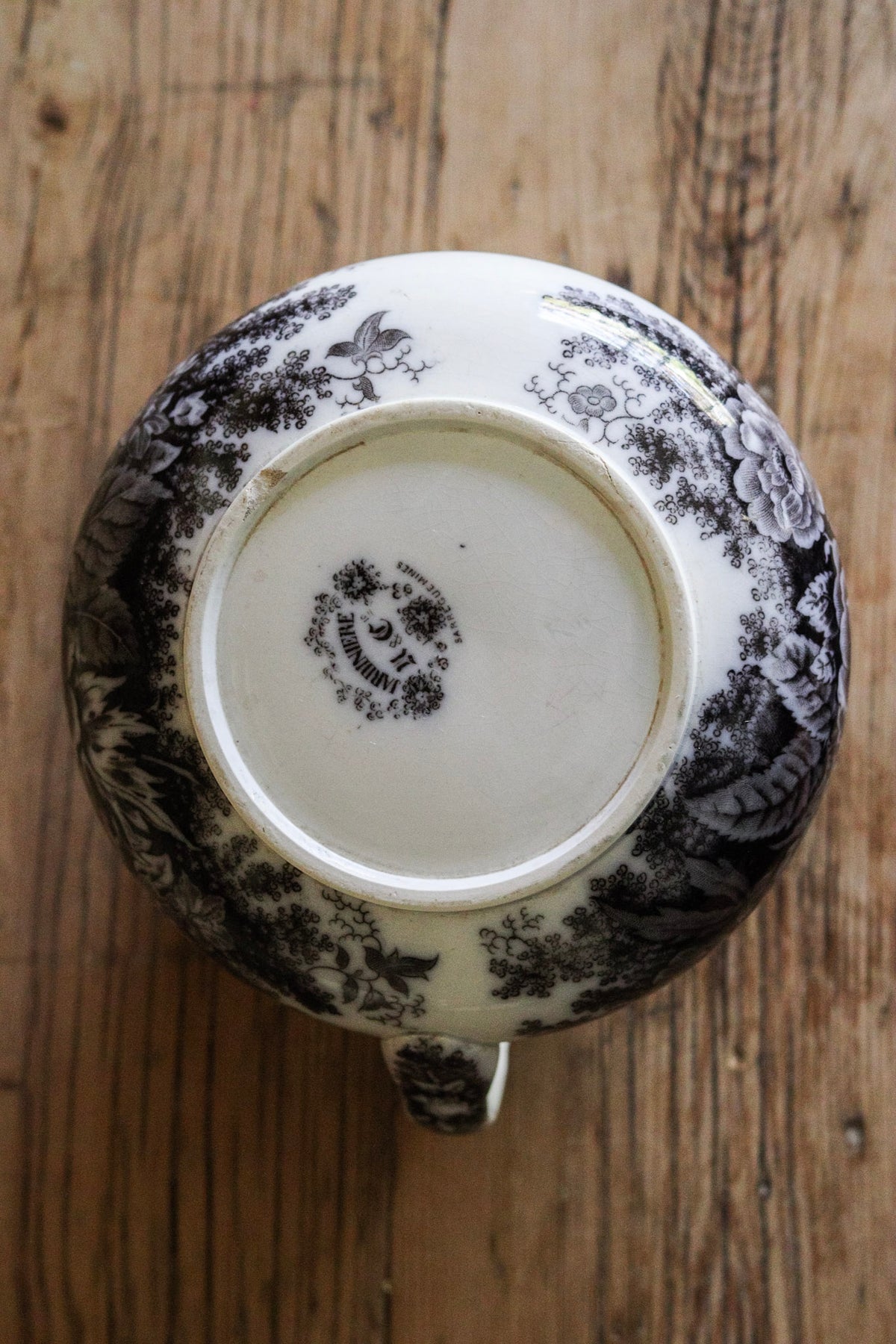 Antique French Black Transferware Pitcher with Flowers