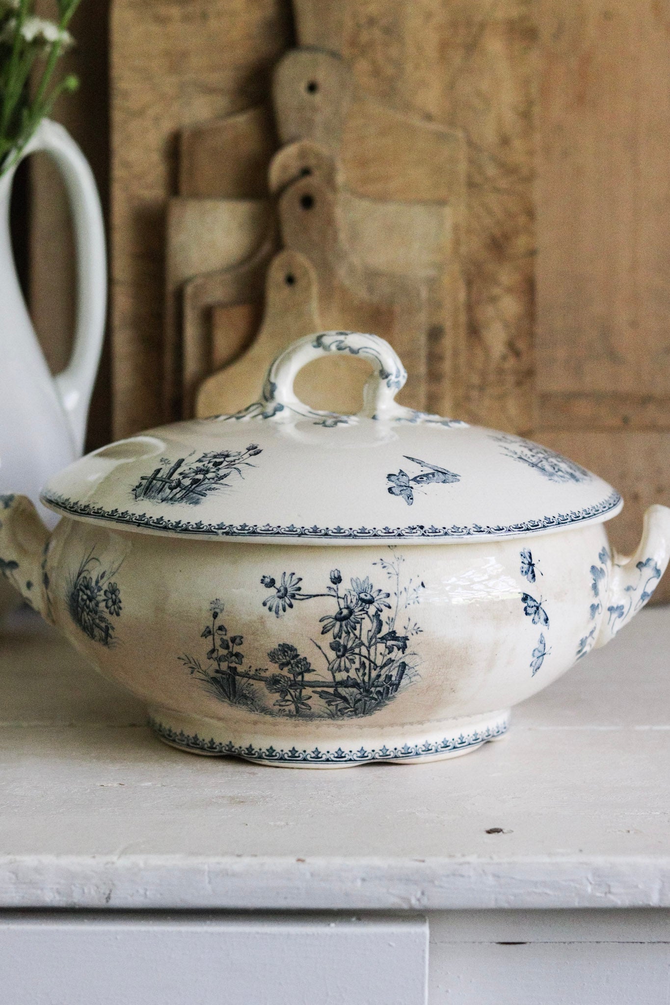 Large Antique French Transferware Tureen with Butterflies and Flowers