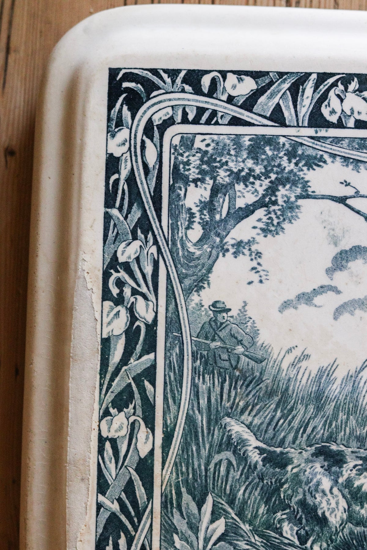 Vintage French Transferware Trivet Tile with Dog and Ducks
