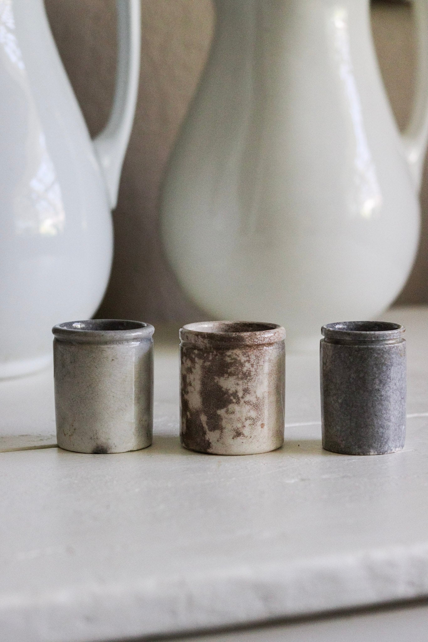 Petite Antique French Ointment Pots - Set of Three