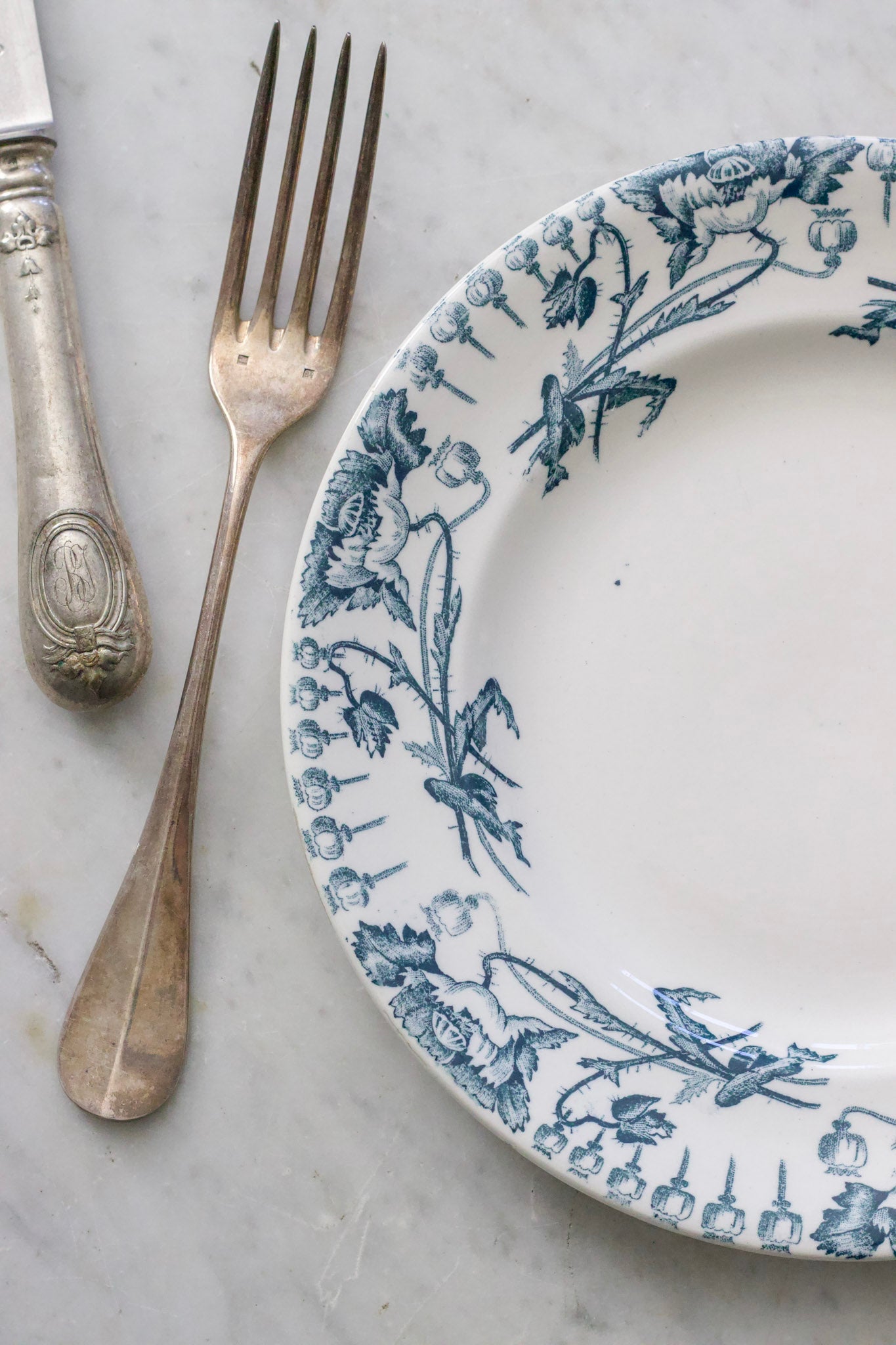 Antique French Transferware Plate with Poppies