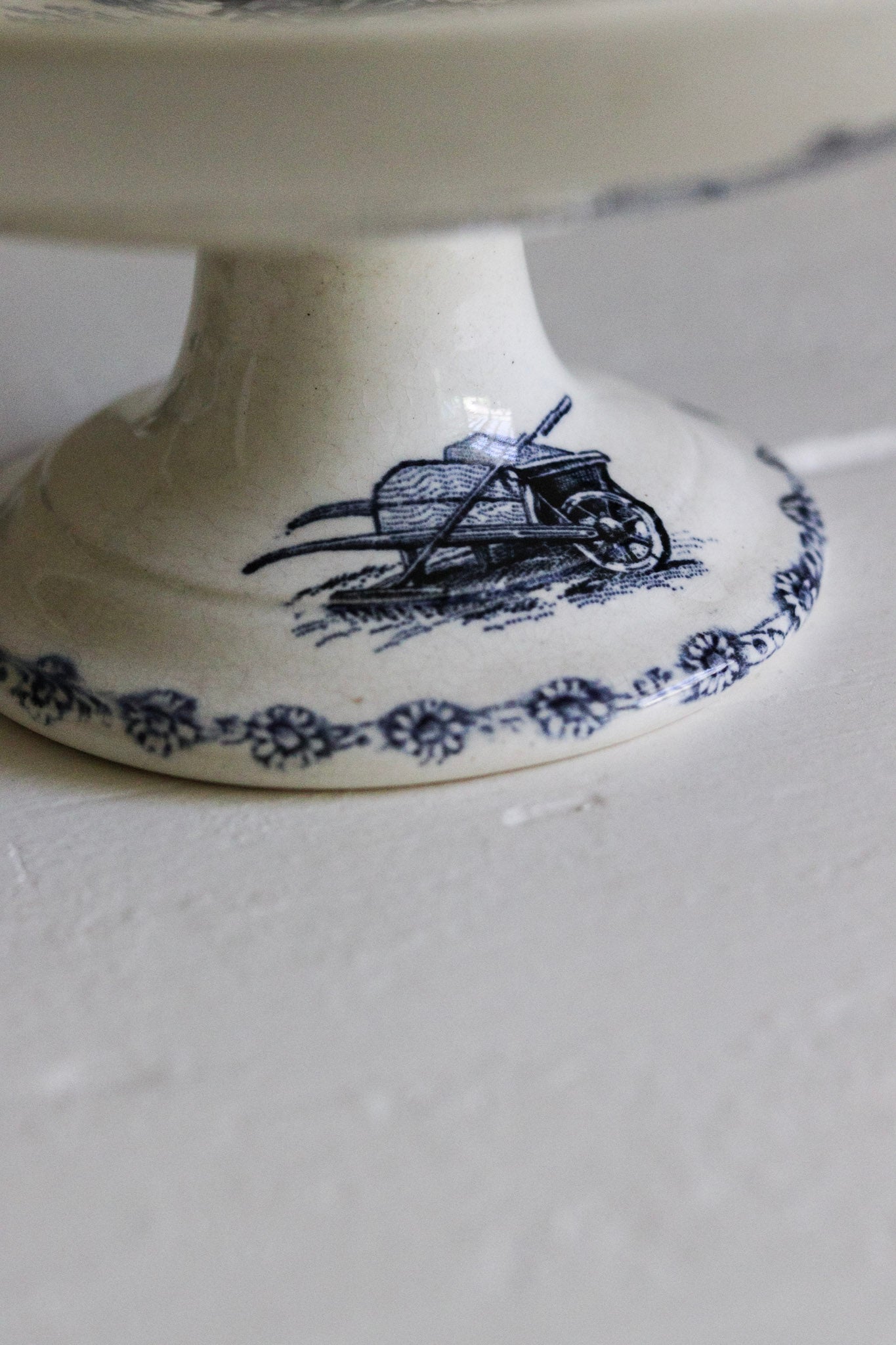 Antique French Transferware Pedestal Fruit Bowl with Farm Scene