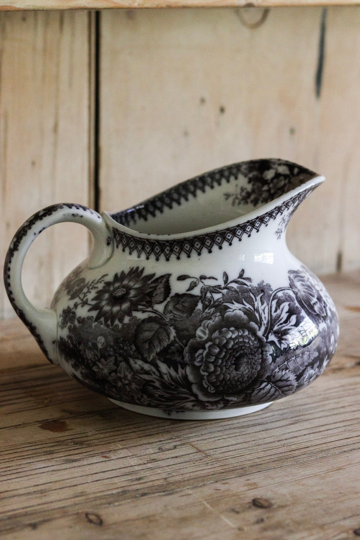 Antique French Black Transferware Pitcher with Flowers