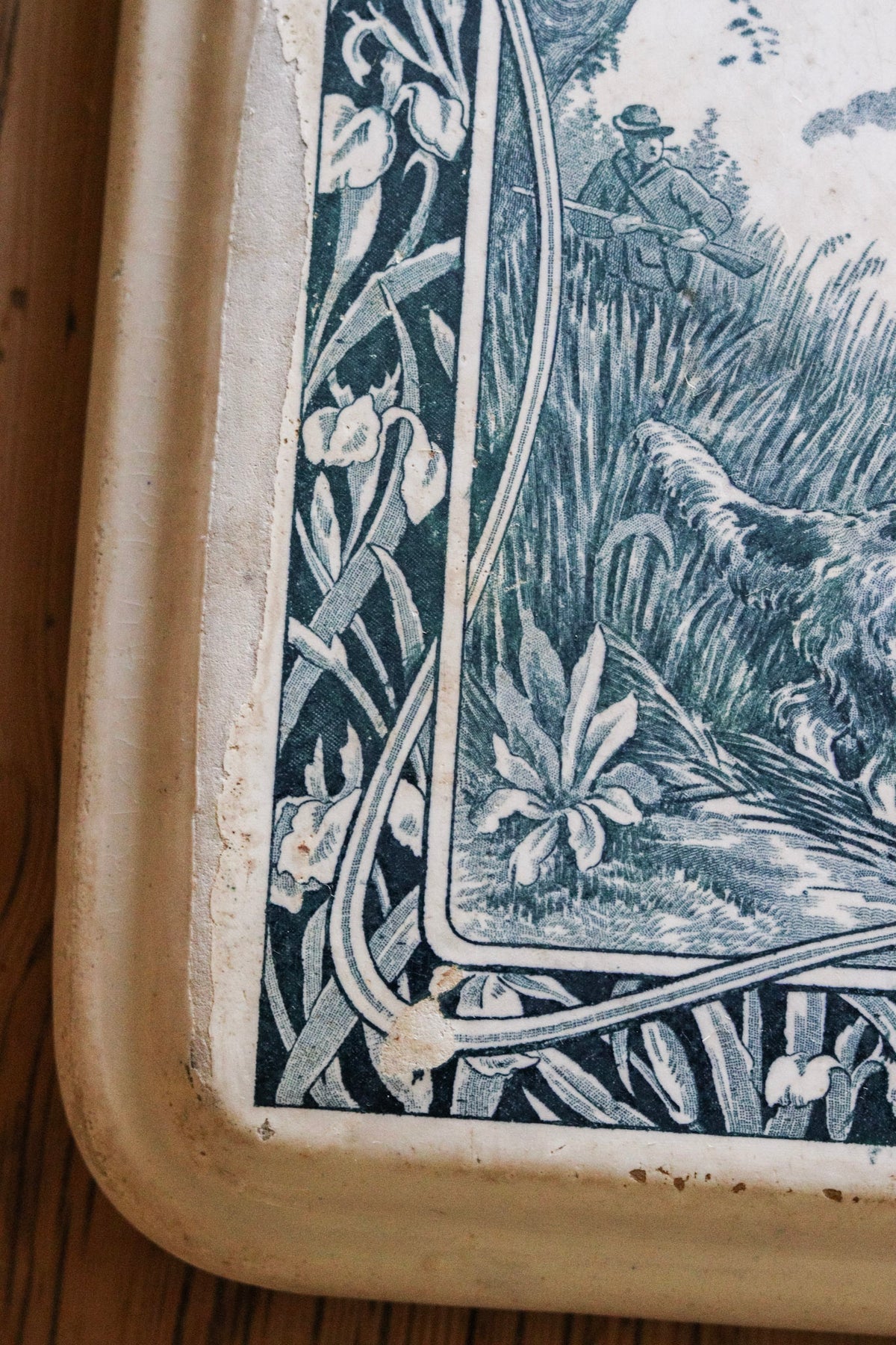 Vintage French Transferware Trivet Tile with Dog and Ducks