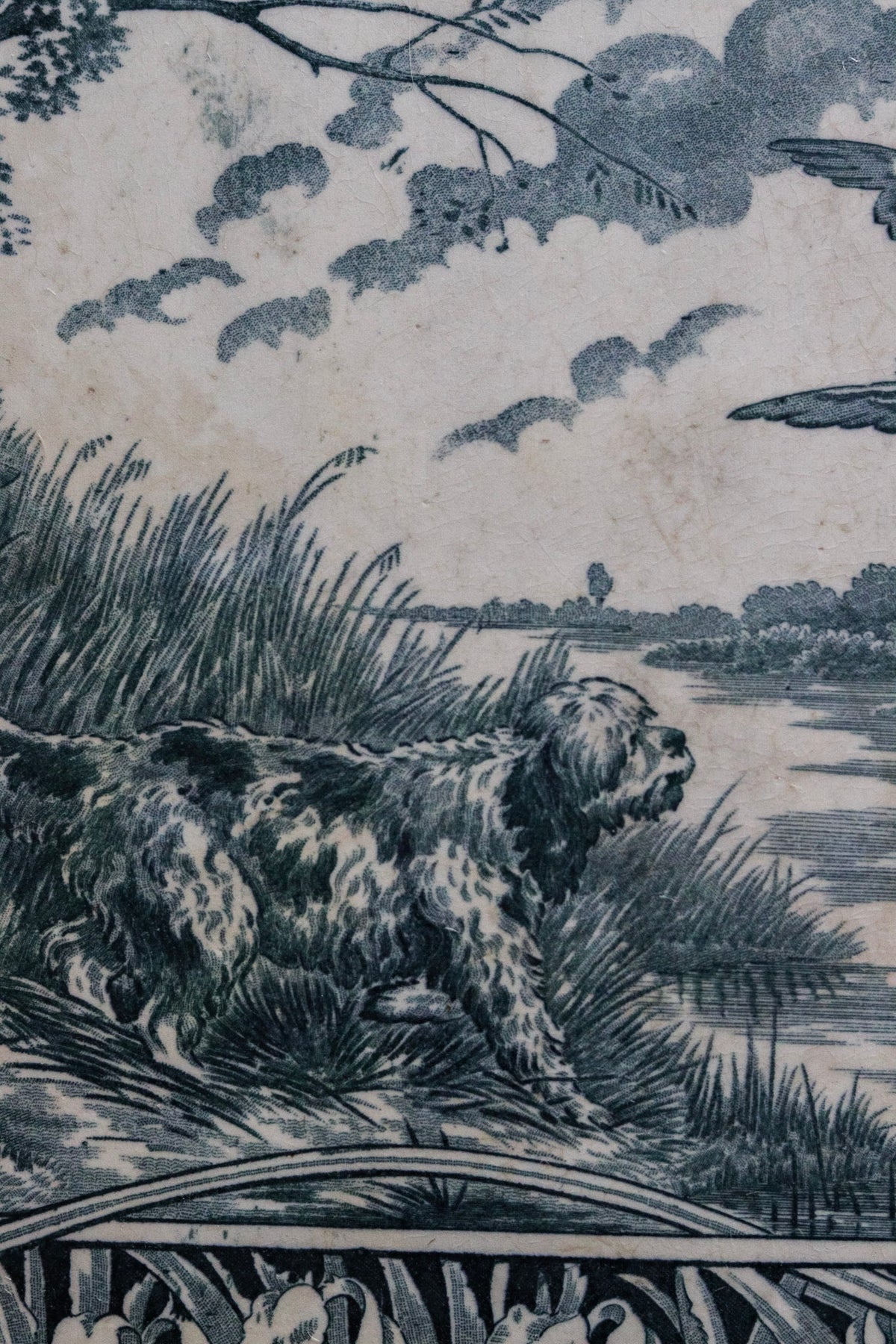 Vintage French Transferware Trivet Tile with Dog and Ducks