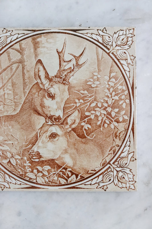 Vintage French Transferware Trivet Tile with Deer