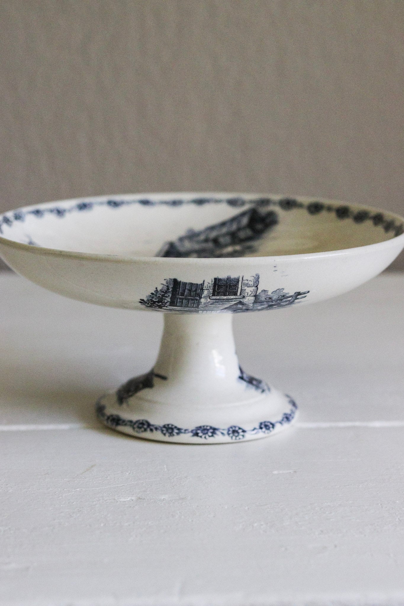Antique French Transferware Pedestal Fruit Bowl with Farm Scene