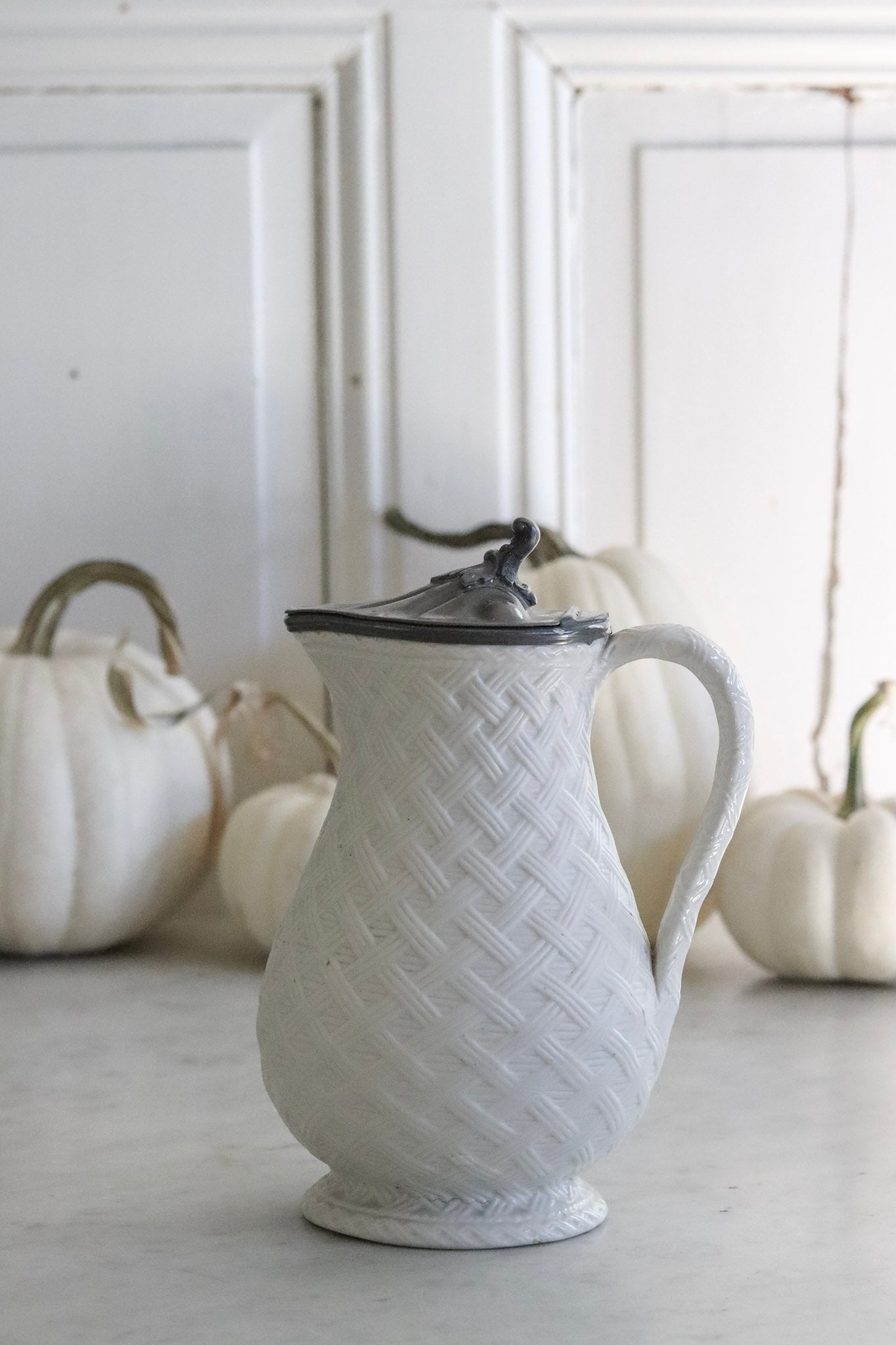 Antique English Salt Glaze and Pewter Pitcher