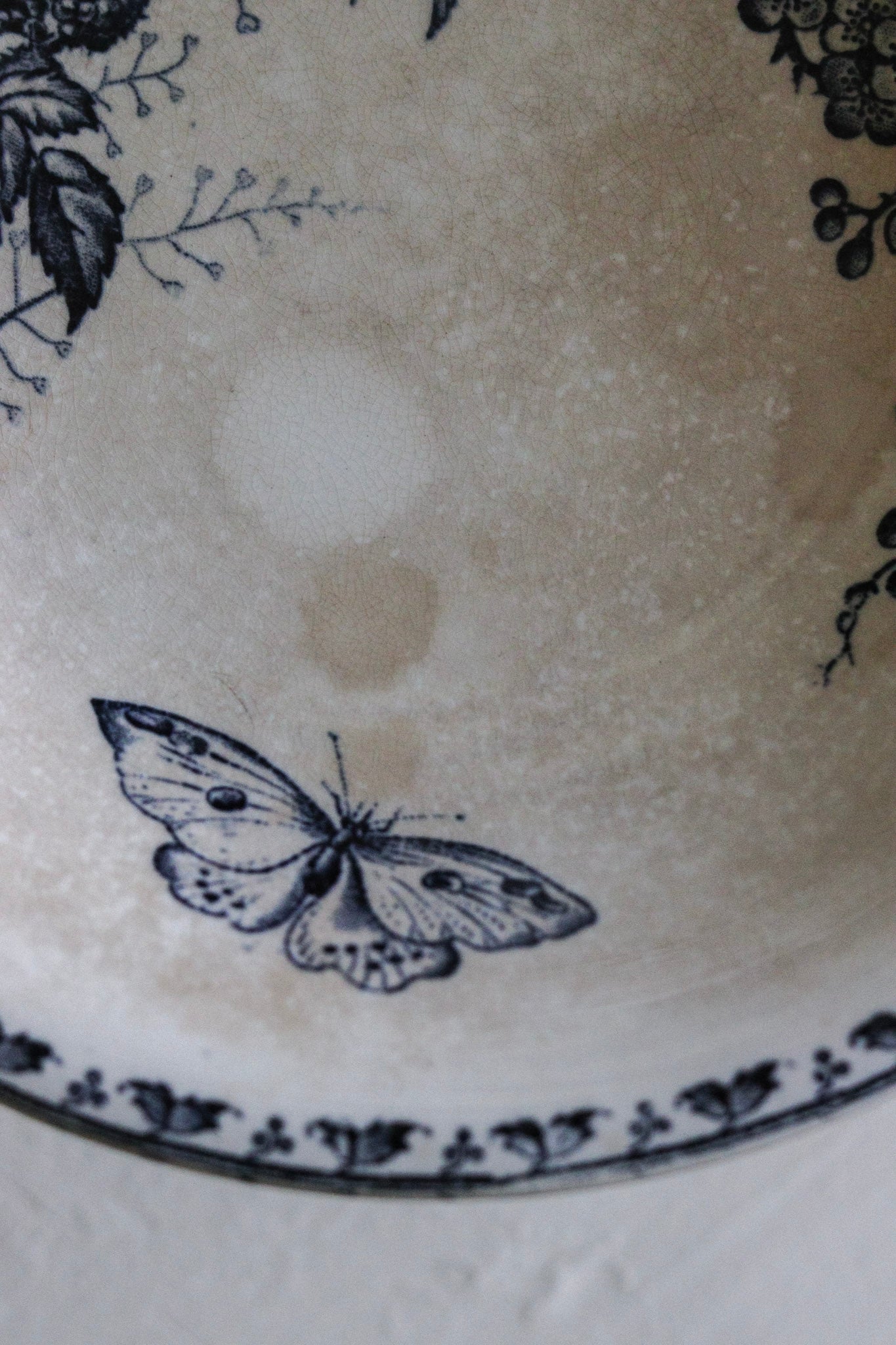 Antique French Transferware Pedestal Fruit Bowl with Blackberries, Flowers and Butterflies