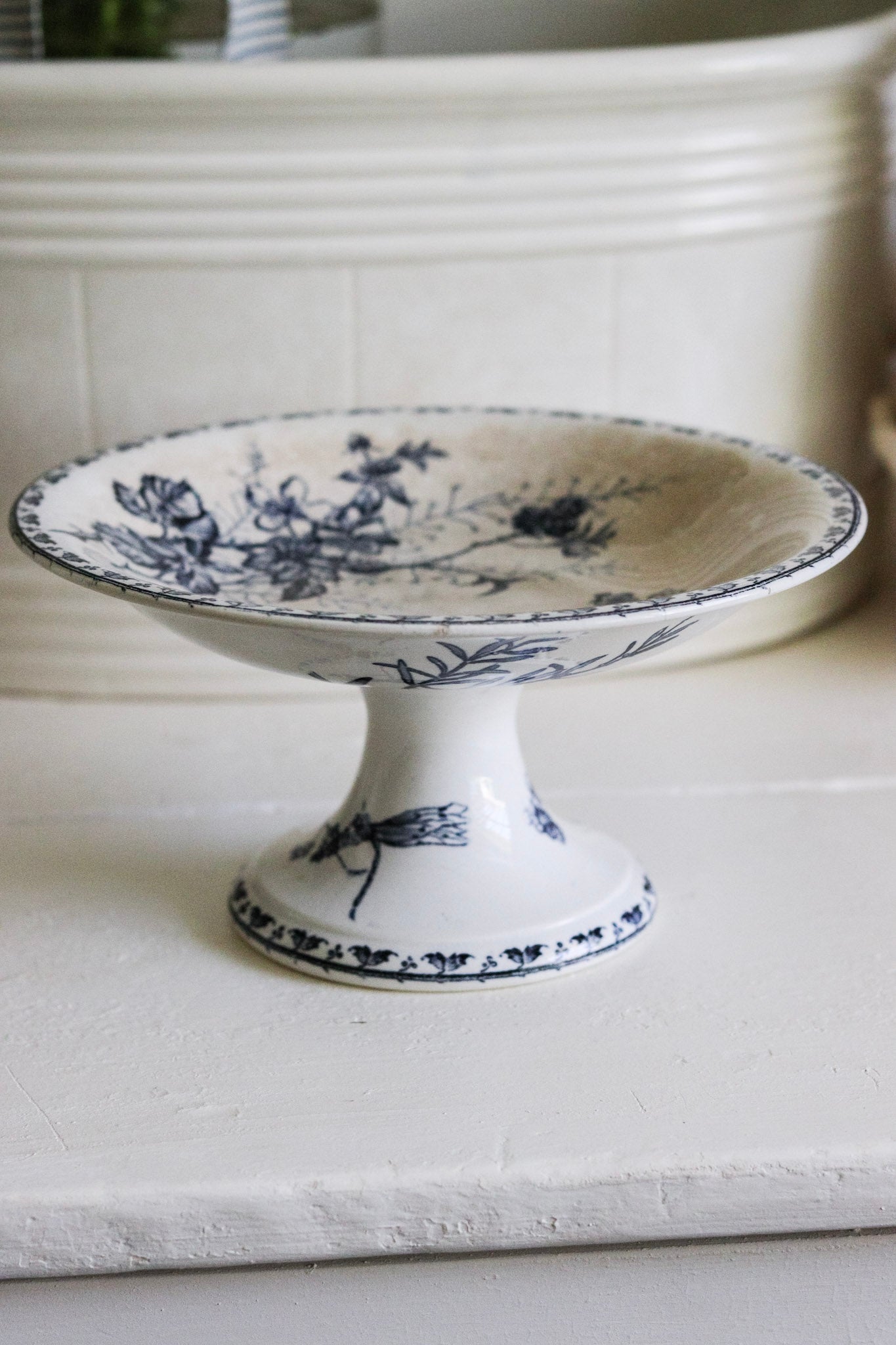 Antique French Transferware Pedestal Fruit Bowl with Blackberries, Flowers and Butterflies