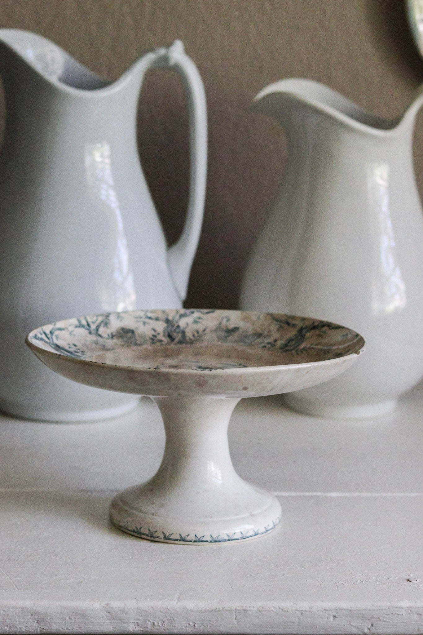 Antique French Transferware Pedestal Fruit Bowl with Ducks, Chickens and a Frog -Please Read Description