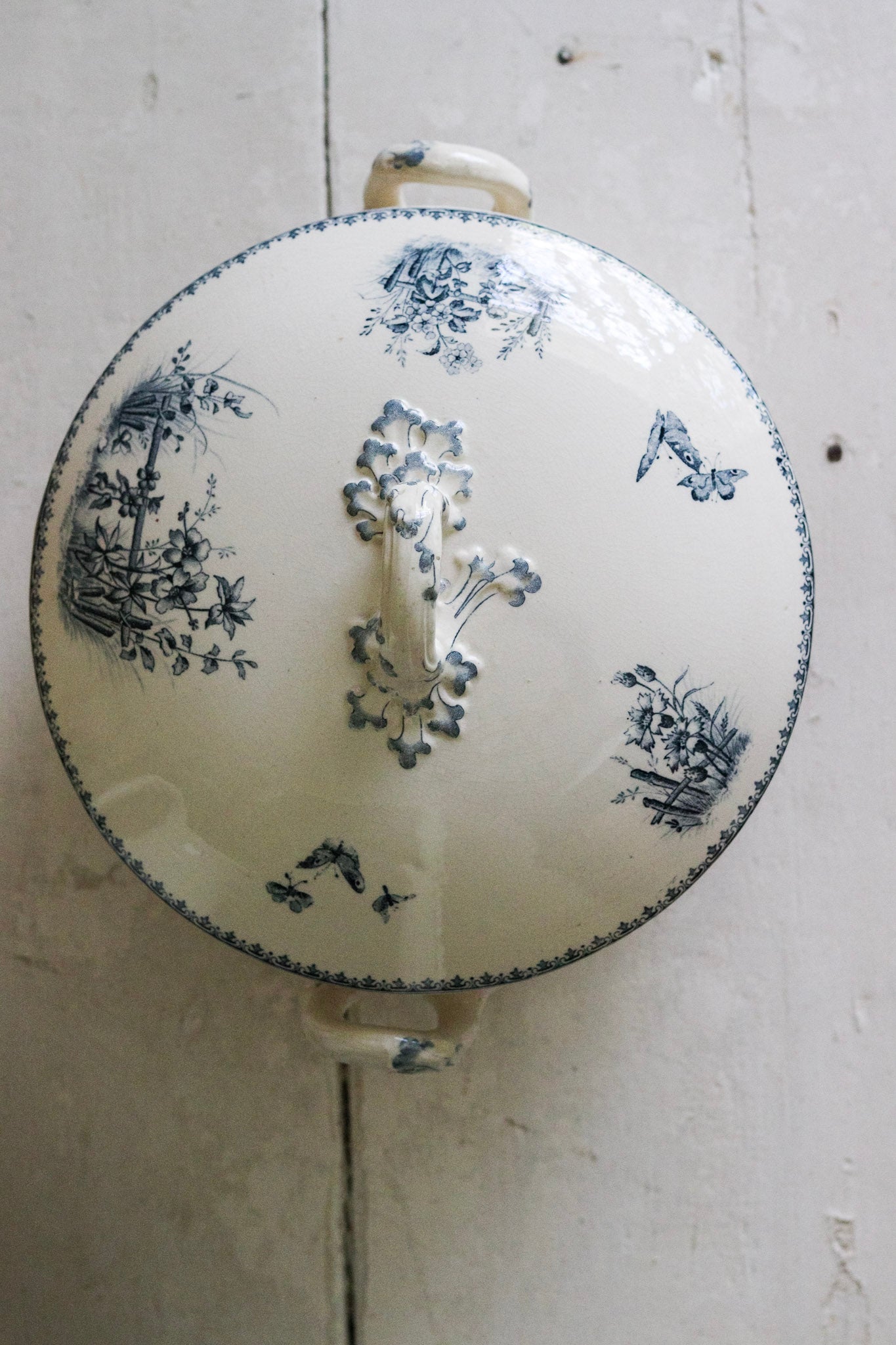 Large Antique French Transferware Tureen with Butterflies and Flowers