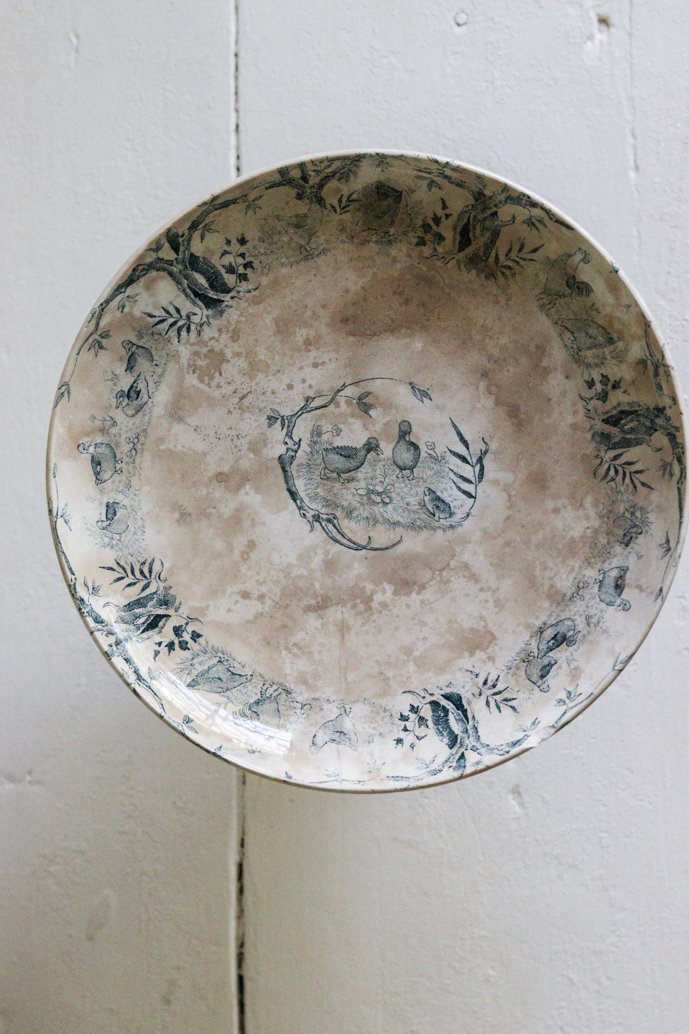 Antique French Transferware Pedestal Fruit Bowl with Ducks, Chickens and a Frog -Please Read Description