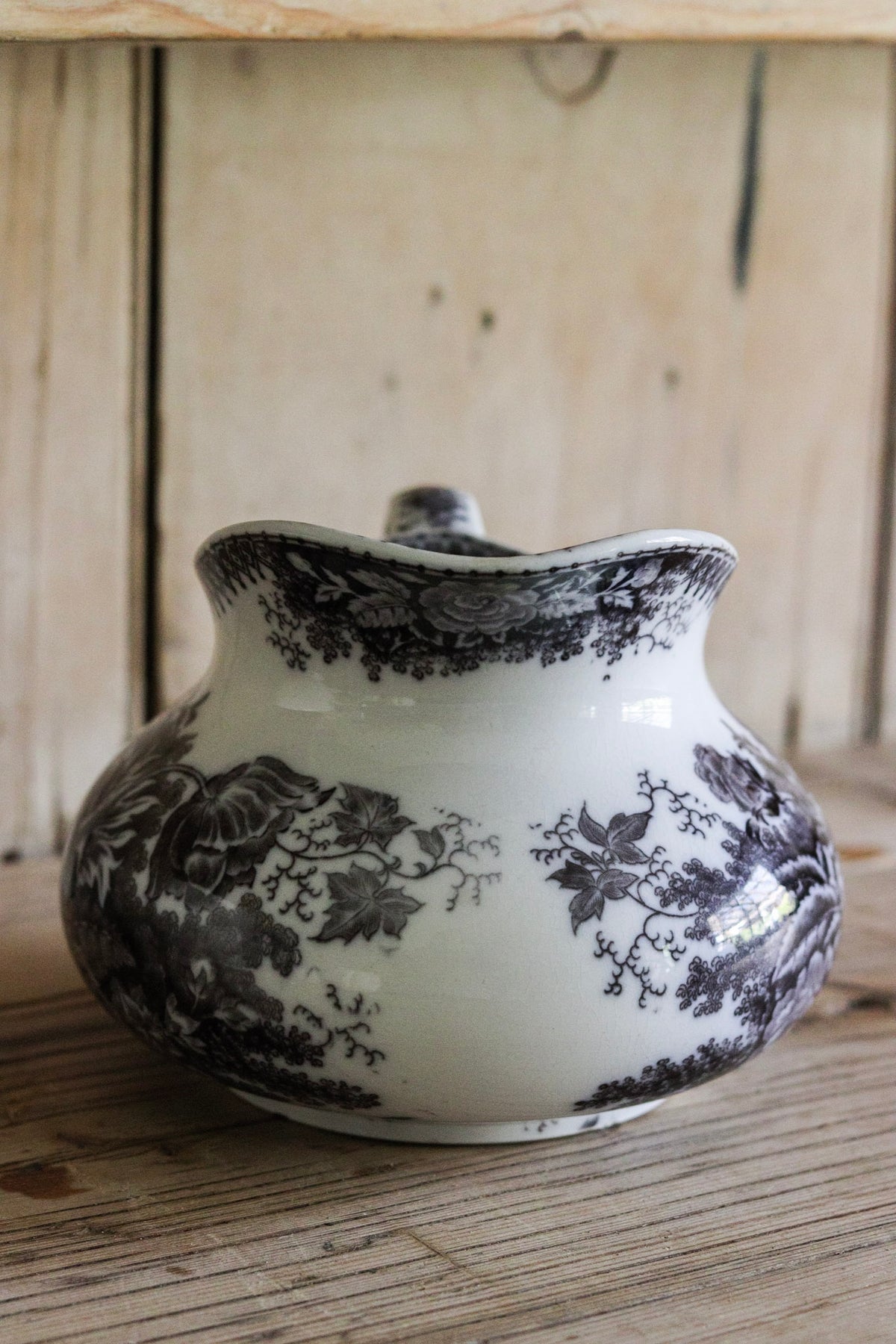 Antique French Black Transferware Pitcher with Flowers