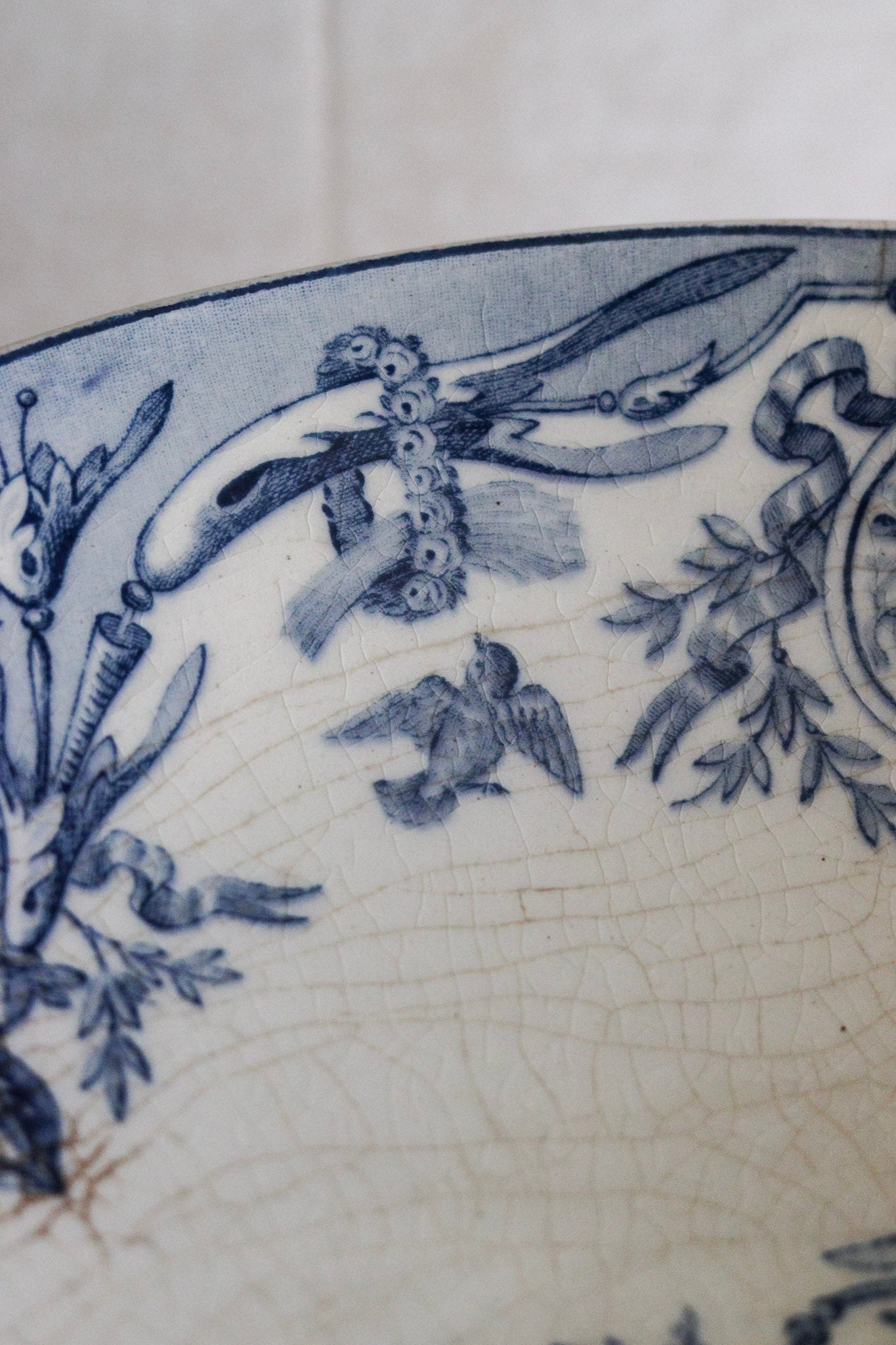 Large Antique French Transferware Pedestal Fruit Bowl with Birds