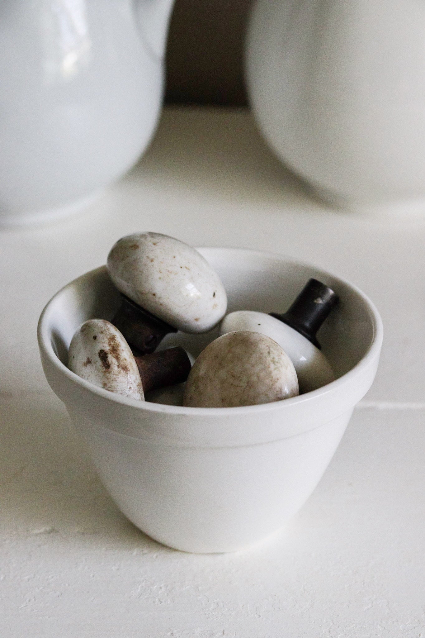 Vintage English Pudding Bowl + Set of Antique Door Knobs