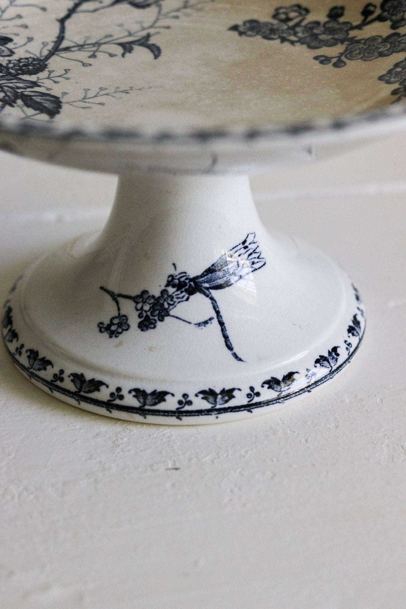 Antique French Transferware Pedestal Fruit Bowl with Blackberries, Flowers and Butterflies
