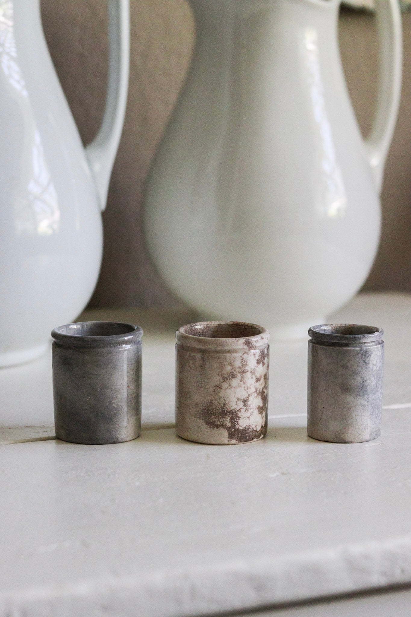 Petite Antique French Ointment Pots - Set of Three