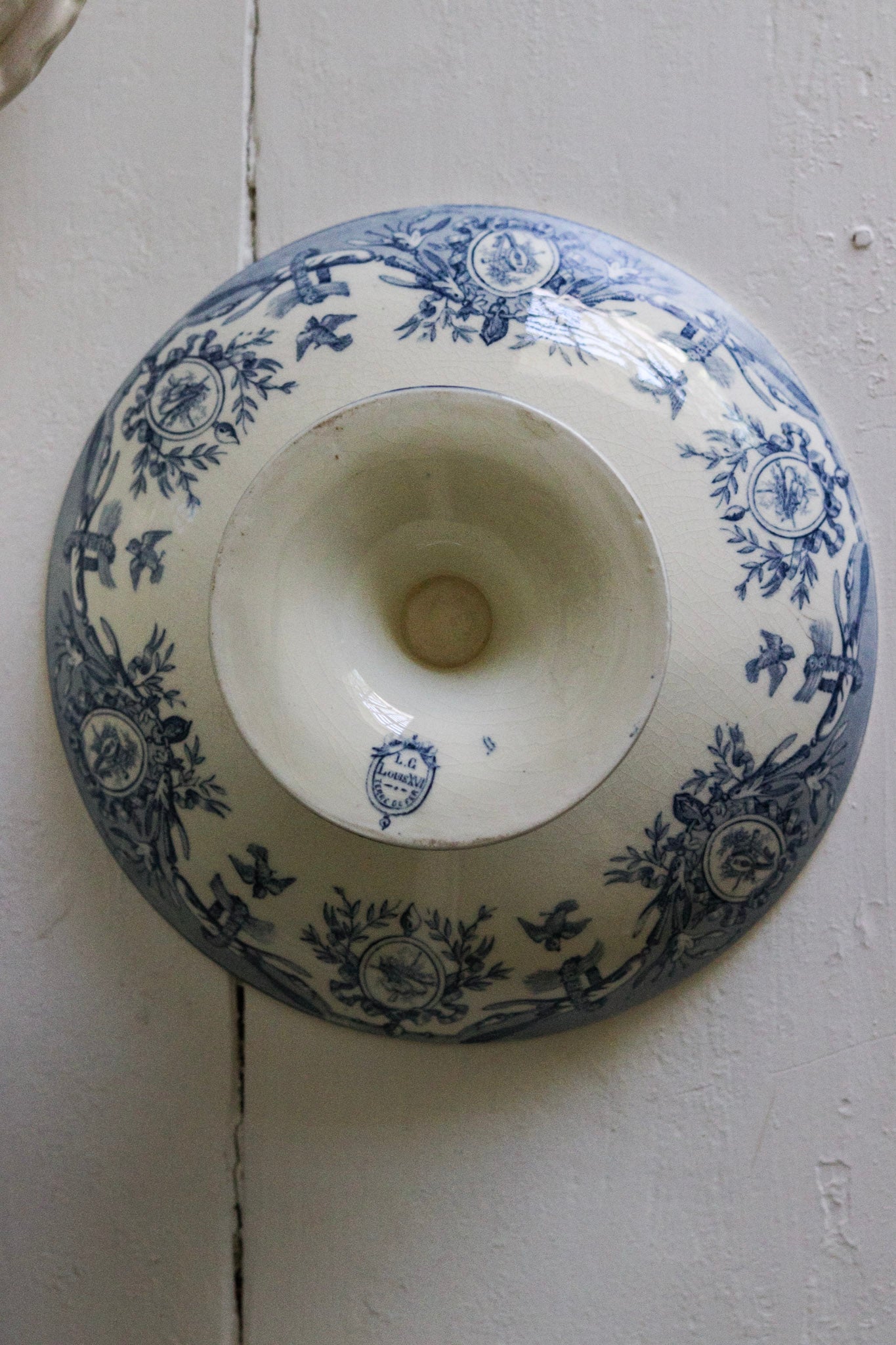 Large Antique French Transferware Pedestal Fruit Bowl with Birds