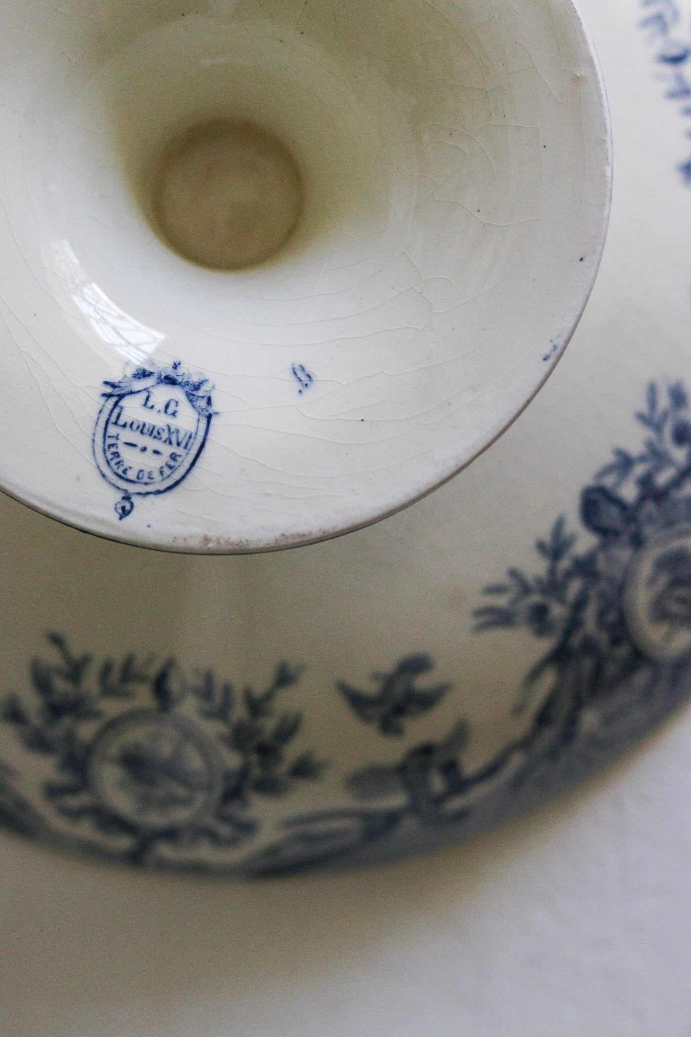 Large Antique French Transferware Pedestal Fruit Bowl with Birds