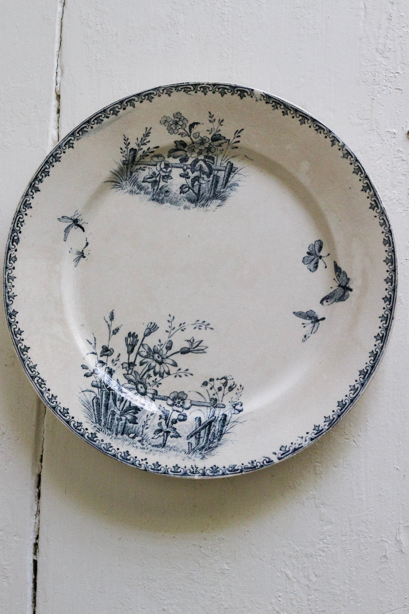 Antique French Transferware Plate with Flowers and Butterflies and Dragonflies No.1