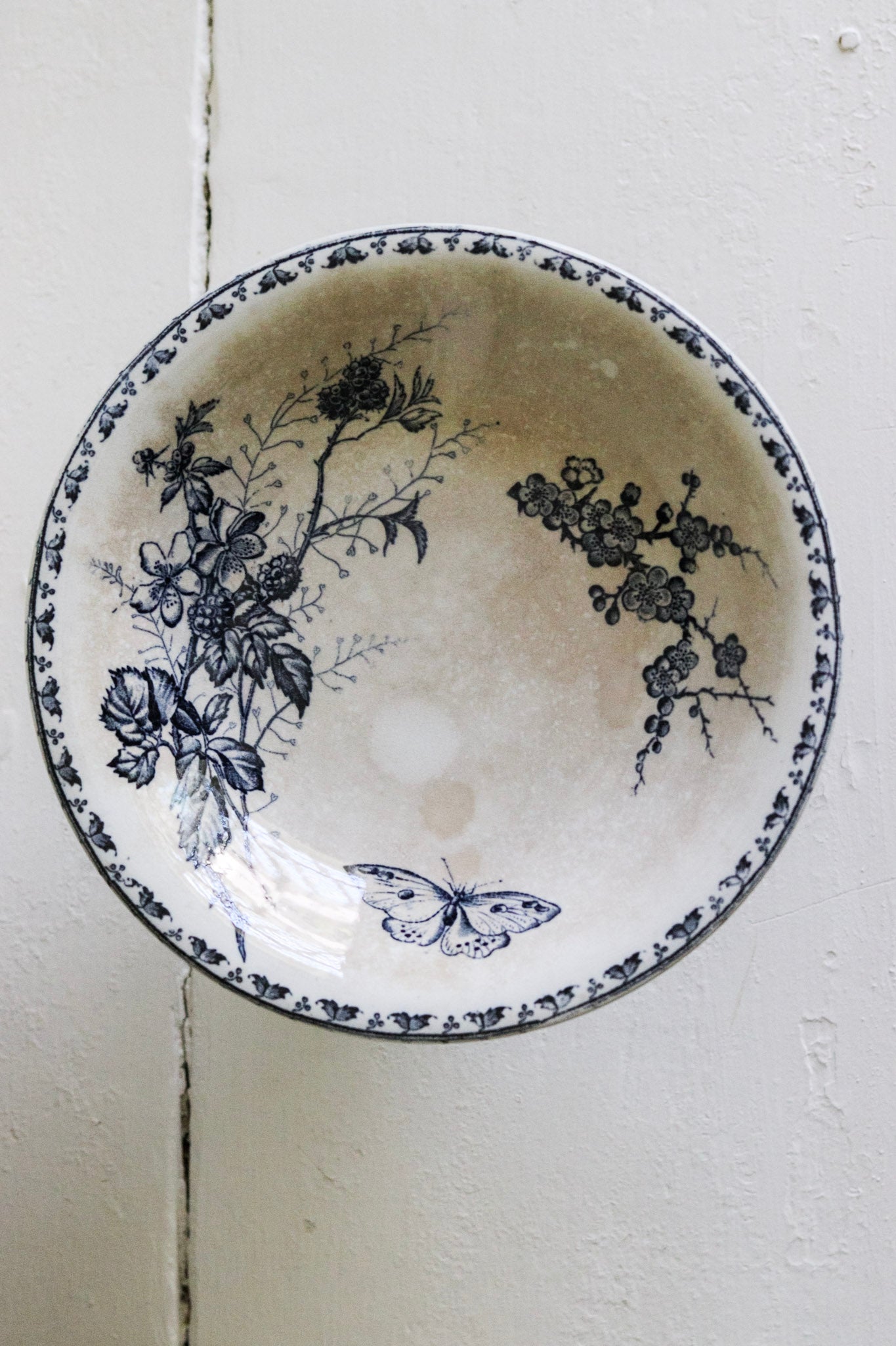 Antique French Transferware Pedestal Fruit Bowl with Blackberries, Flowers and Butterflies