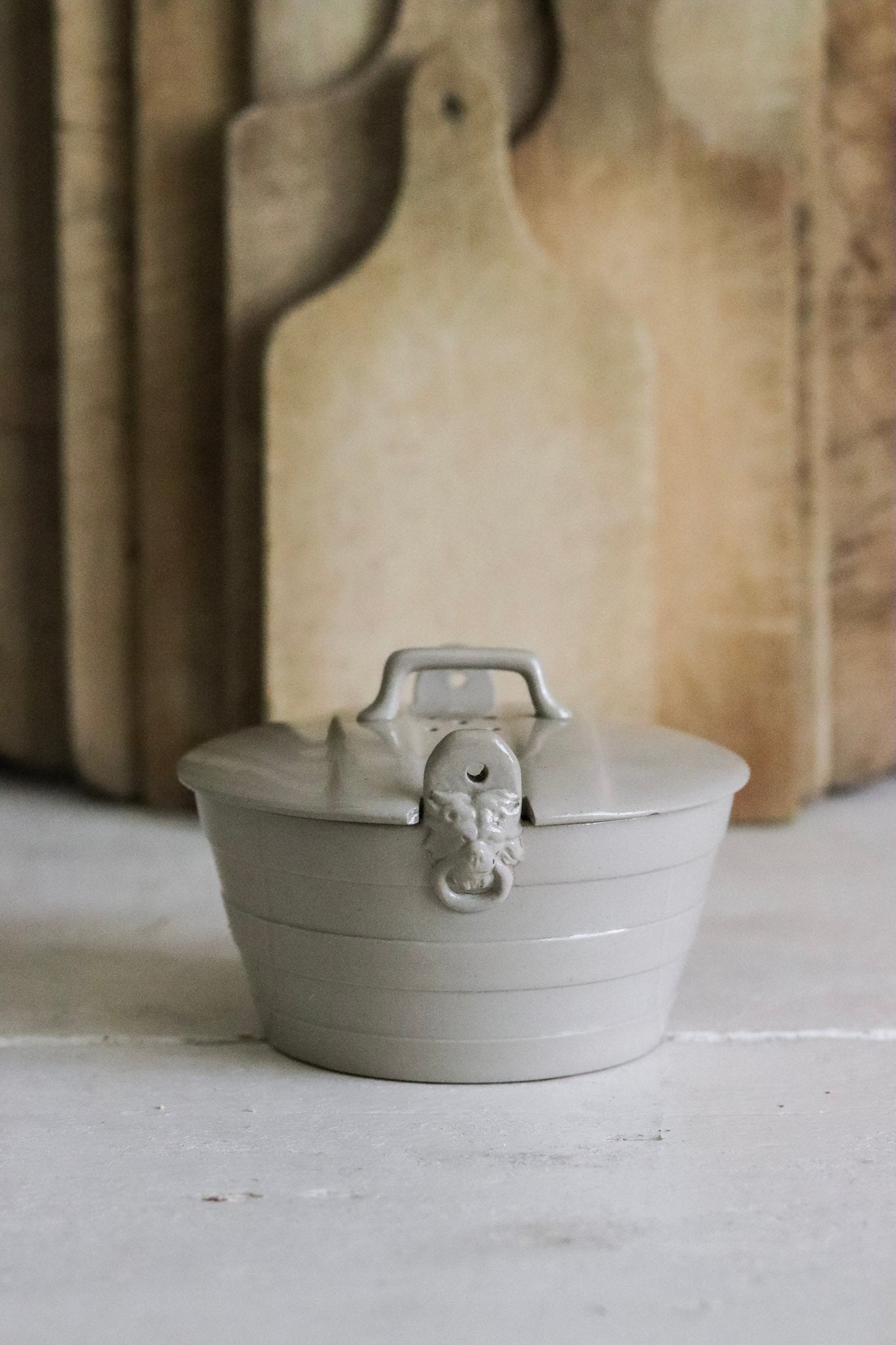 Vintage English Butter Keeper with Lions Heads