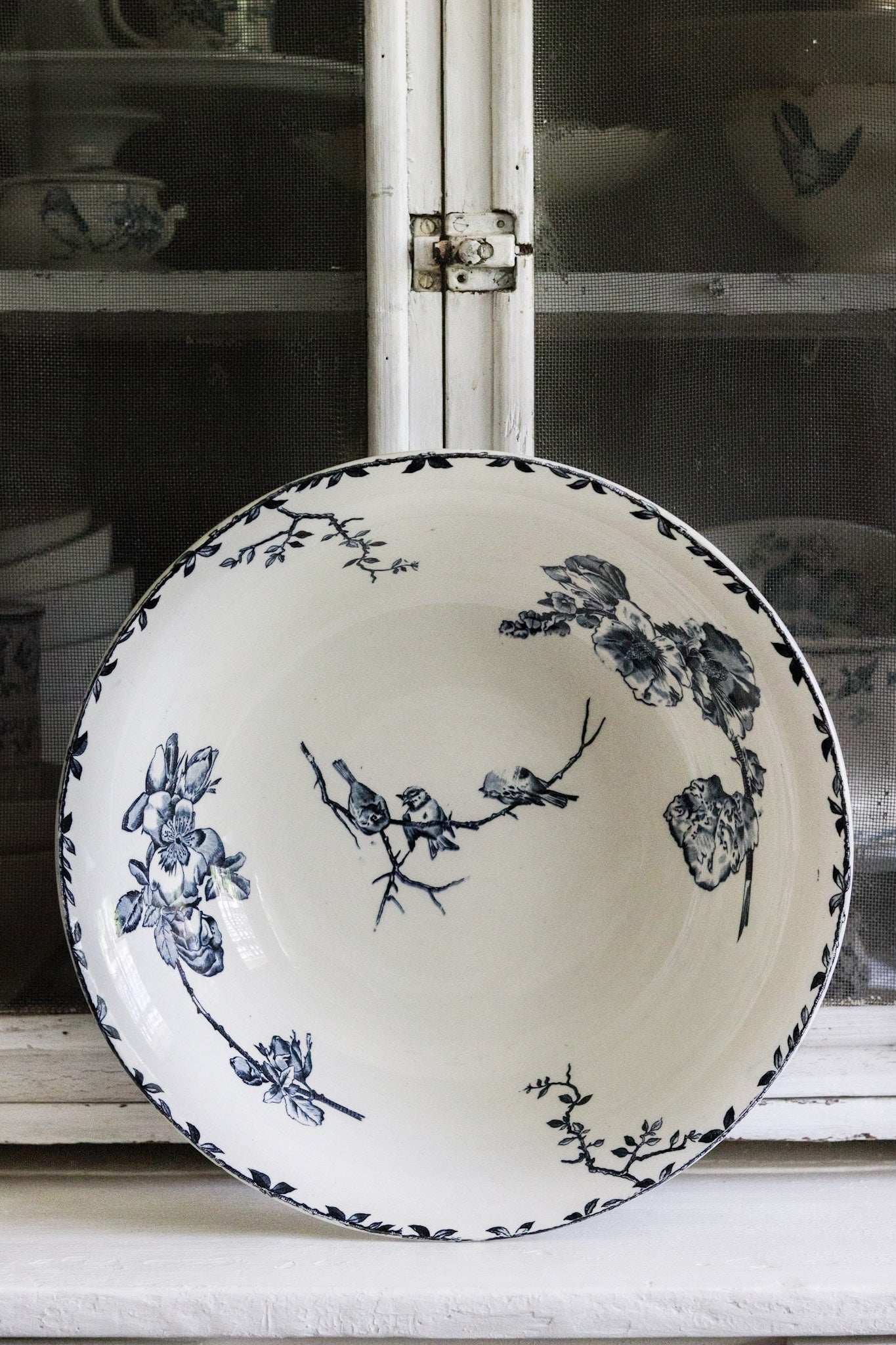 Extra Large Antique French Transferware Bowl With Birds & Flowers