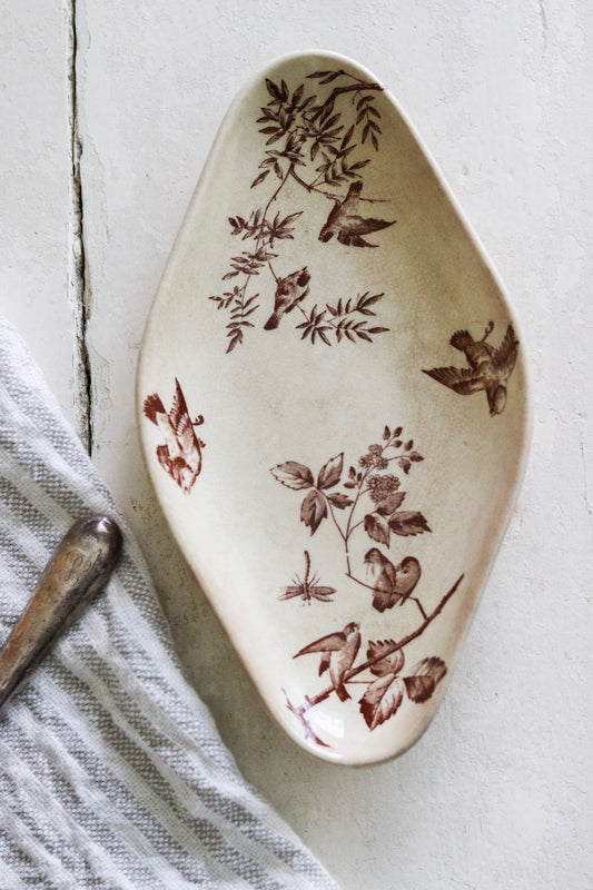 Antique French Brown Transferware Dish with Birds