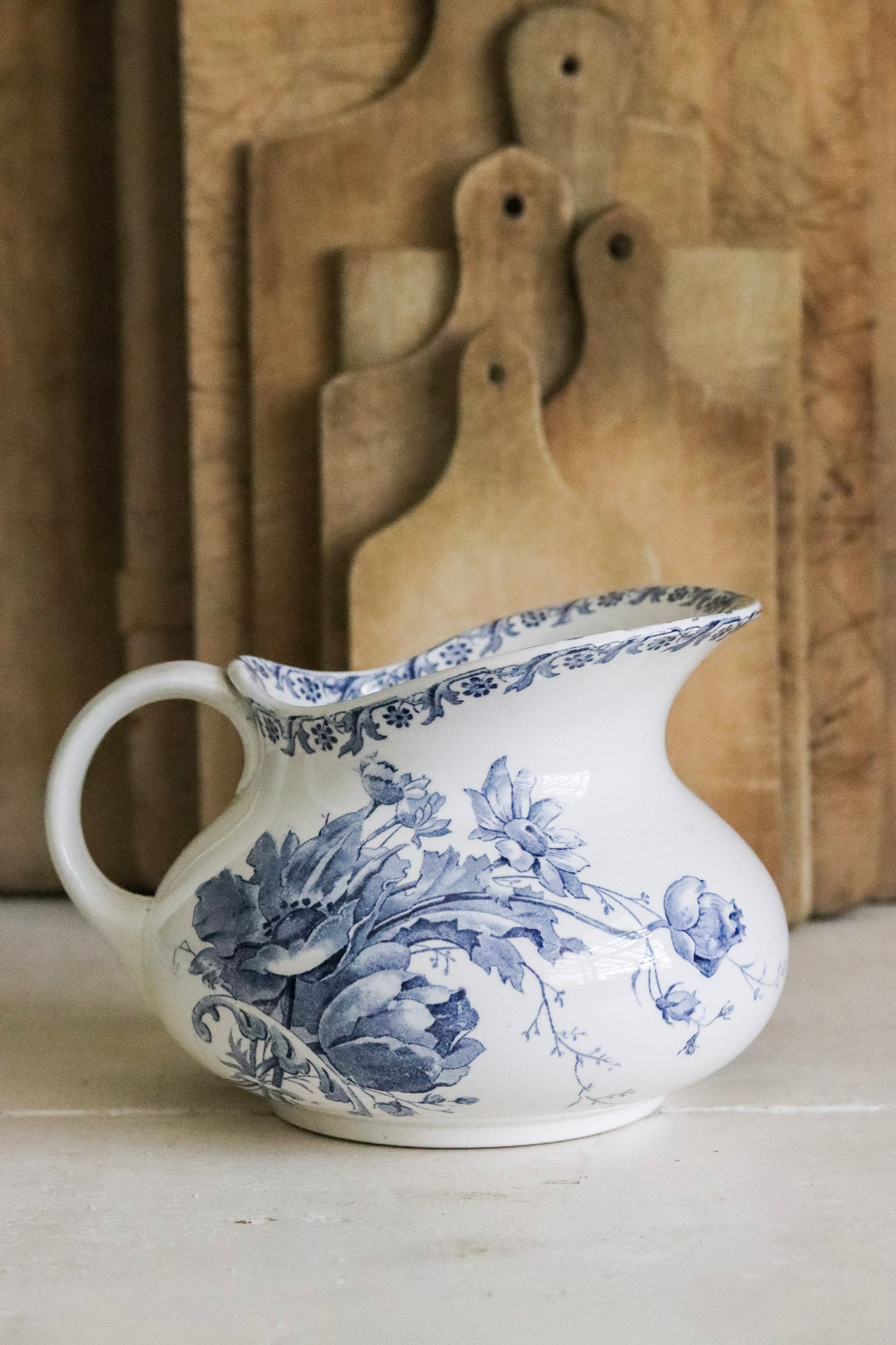 Antique French Transferware Pitcher with Flowers