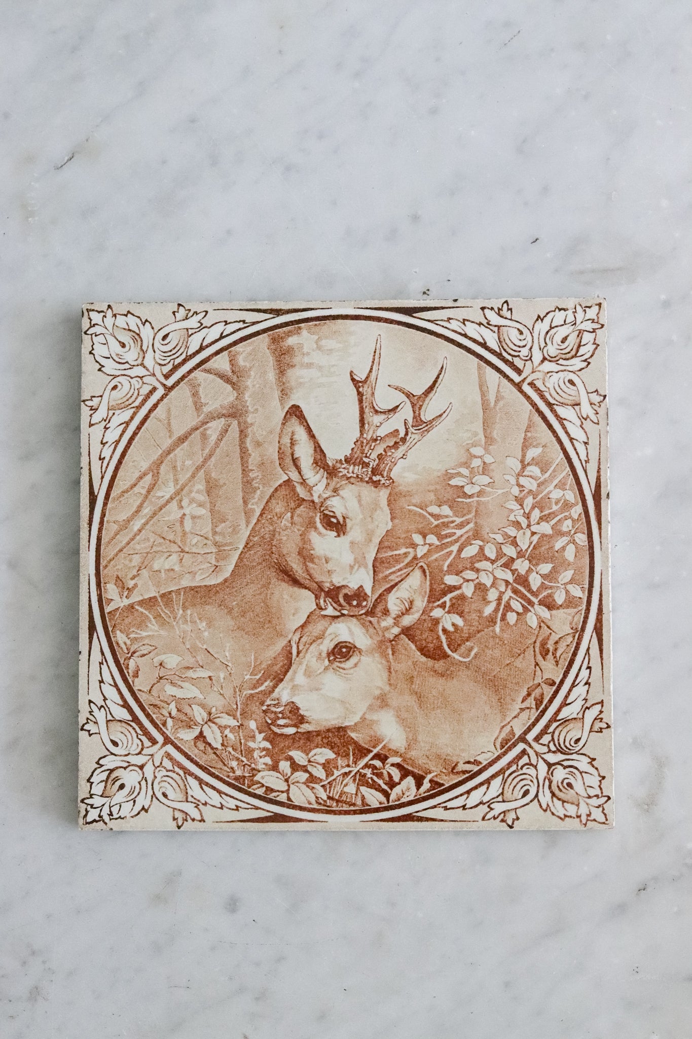 Vintage French Transferware Trivet Tile with Deer