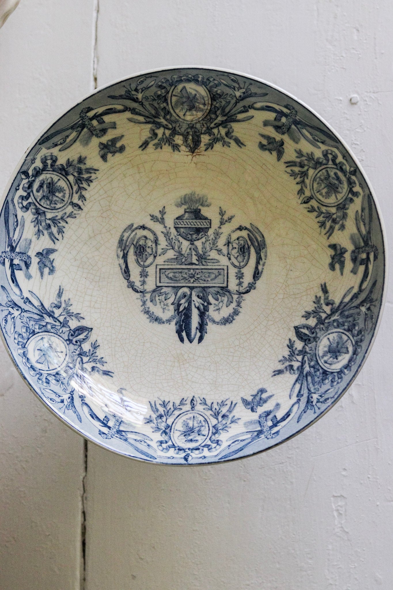 Large Antique French Transferware Pedestal Fruit Bowl with Birds