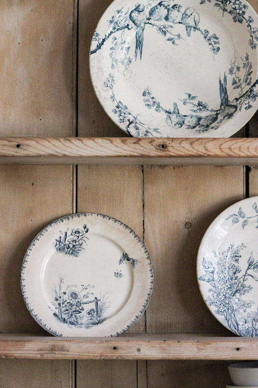 Antique French Transferware Plate with Flowers and Butterflies