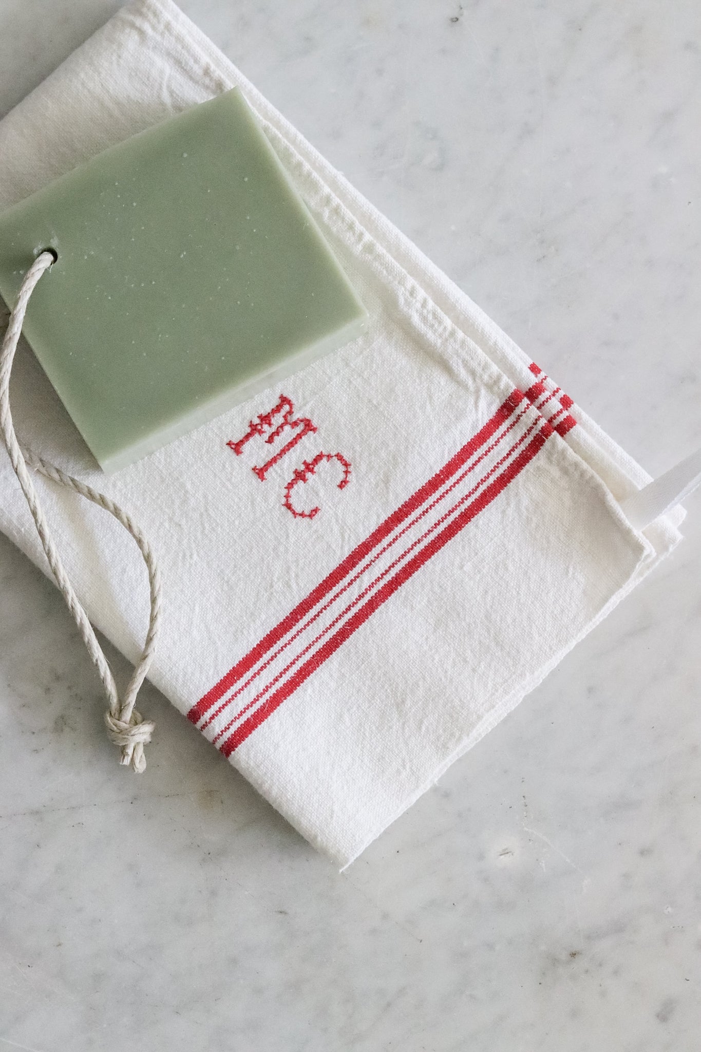 Vintage French Towel + Christmas Tree Farm Soap on a Rope