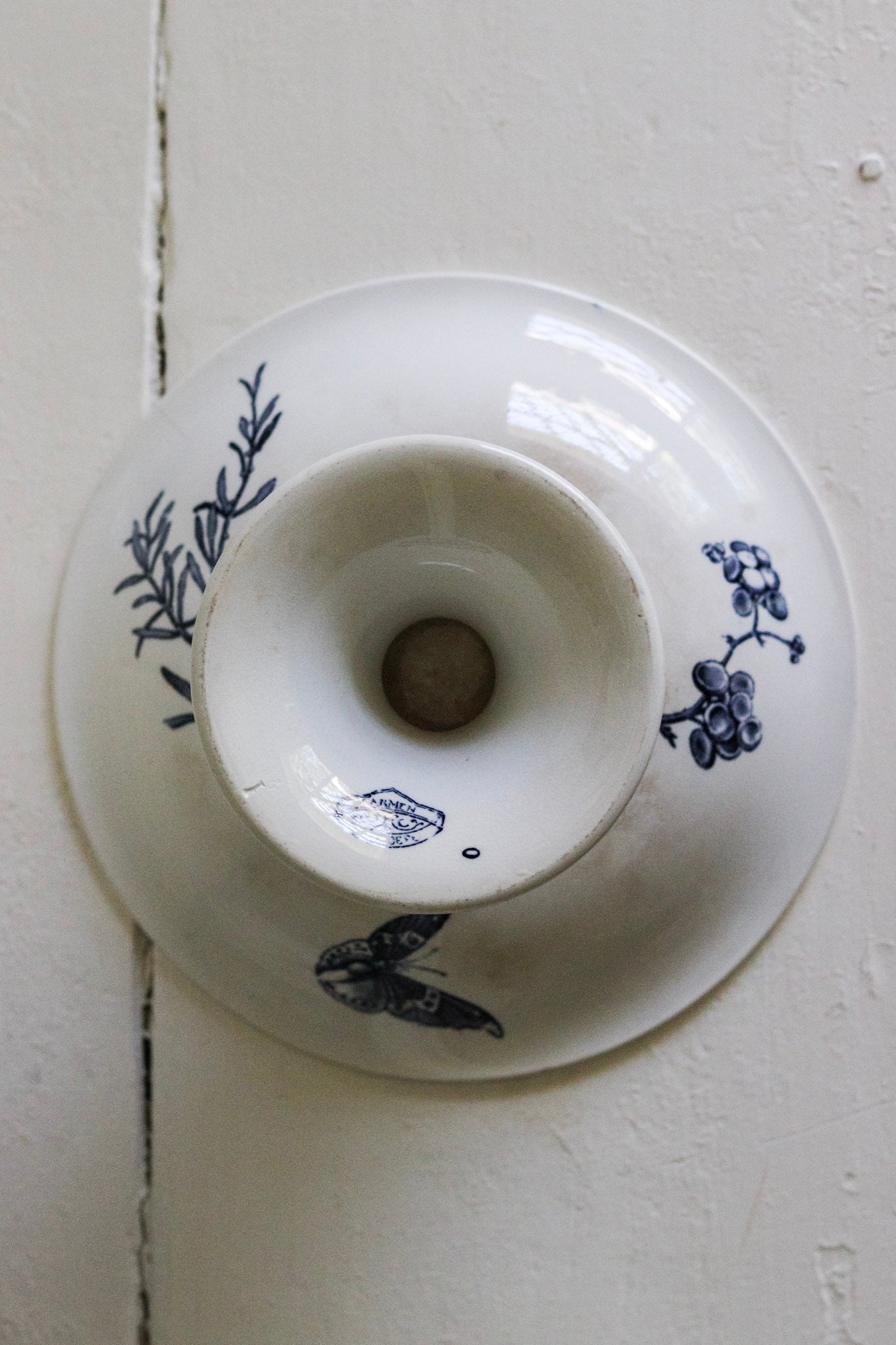 Antique French Transferware Pedestal Fruit Bowl with Blackberries, Flowers and Butterflies
