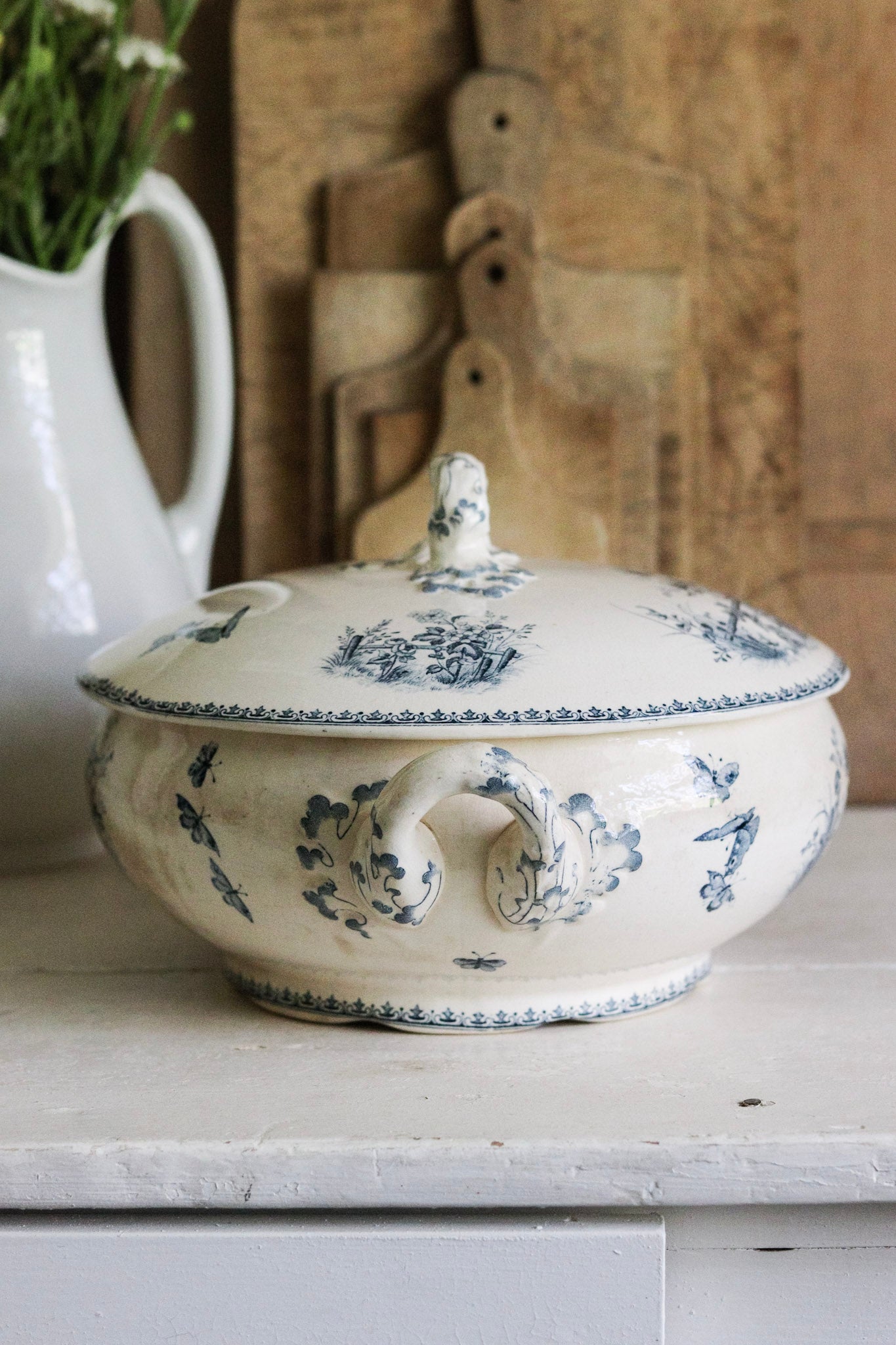 Large Antique French Transferware Tureen with Butterflies and Flowers